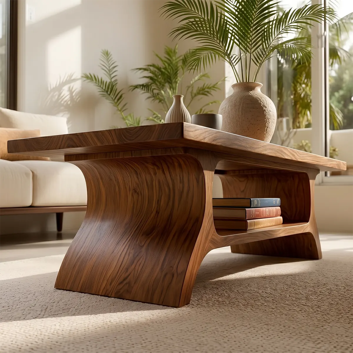 Handcrafted Solid Wood Coffee Table with Sculptural Curved Base and Open Shelf