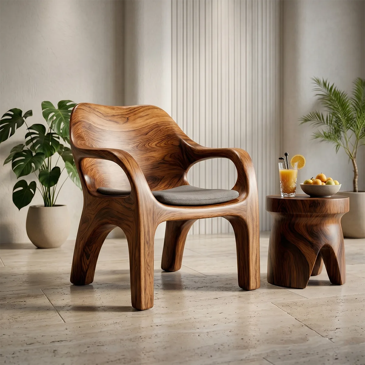 Handcrafted Solid Wood Lounge Chair Sculpted Organic Accent Chair with Armrests