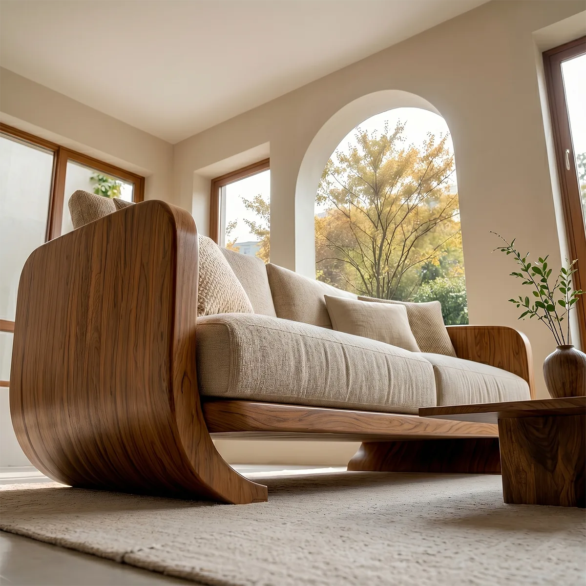 Luxury Organic Modern Wooden Sofa with Curved Sculptural Armrests