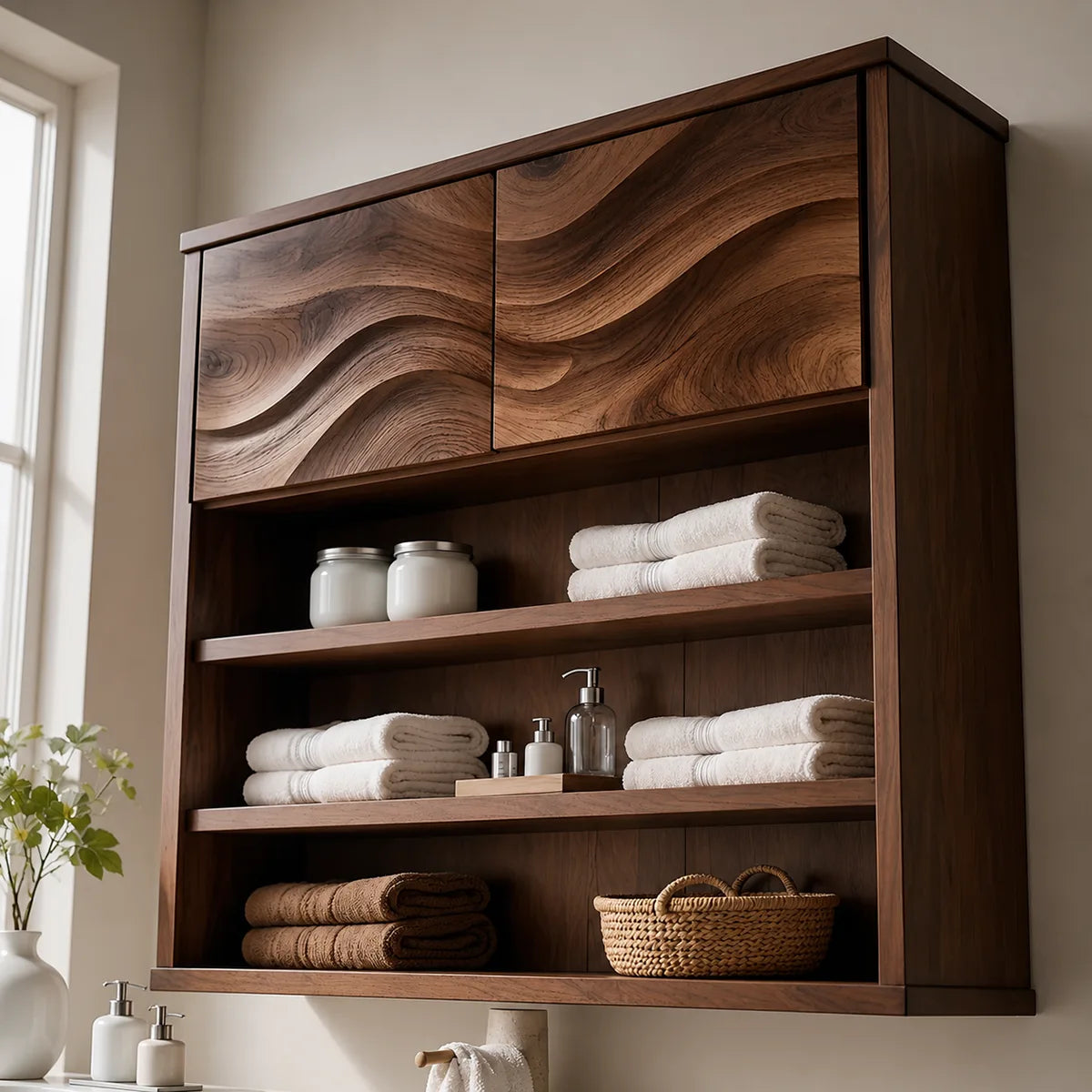 Solid Wood Wall Storage Cabinet Handcrafted Wave Panel Bathroom Cabinet