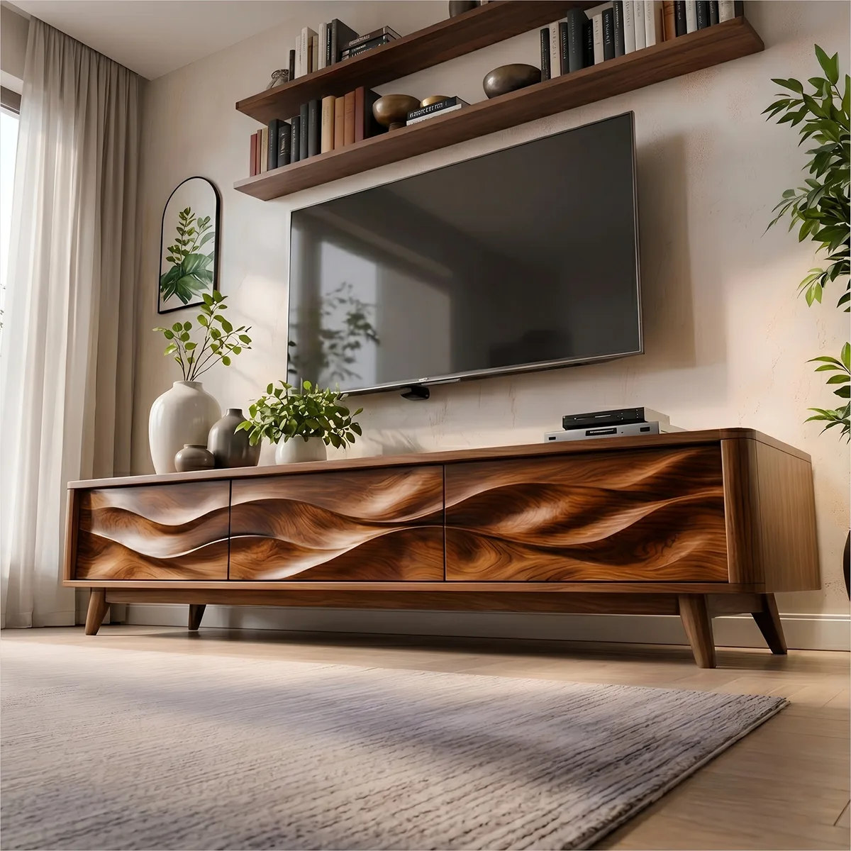 Mid Century Modern Solid Wood 3 Door Wavy Carved TV Stand