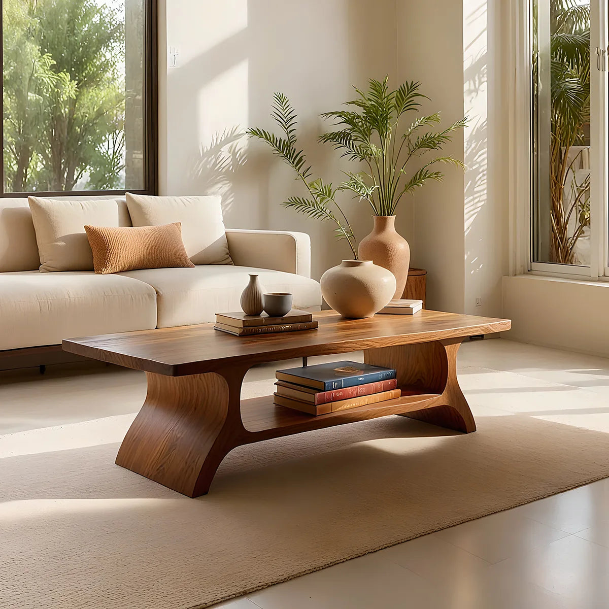 Handcrafted Solid Wood Coffee Table with Sculptural Curved Base and Open Shelf