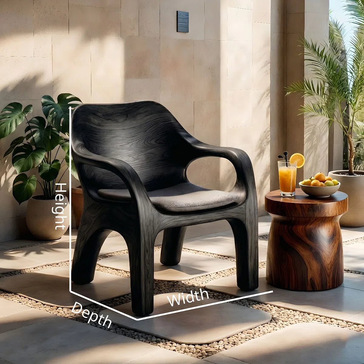 Handcrafted Solid Wood Lounge Chair Sculpted Organic Accent Chair with Armrests