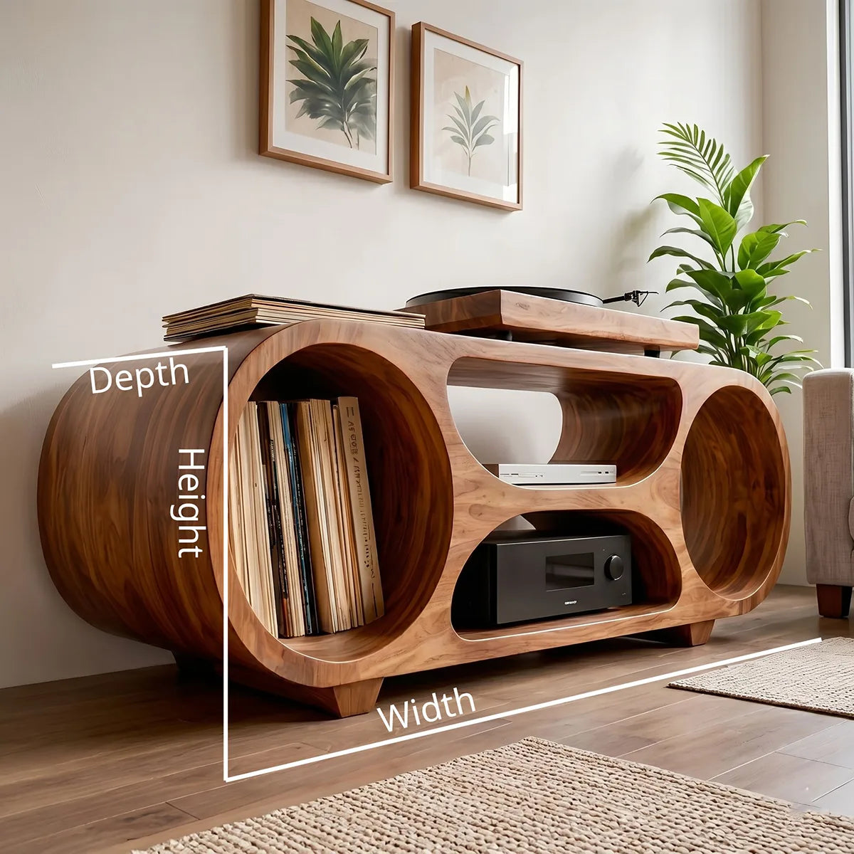 Solid Wood Record Player Stand, Modern Media Console with Vinyl Storage Shelves