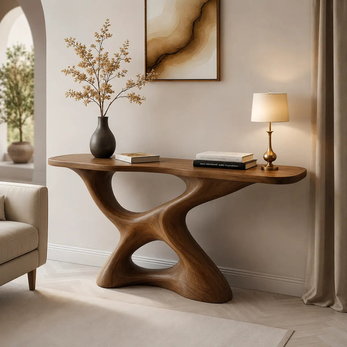 Luxury Wood Console Table, Curved Base Entryway Table, Artistic Hallway Sofa Table for Living Room
