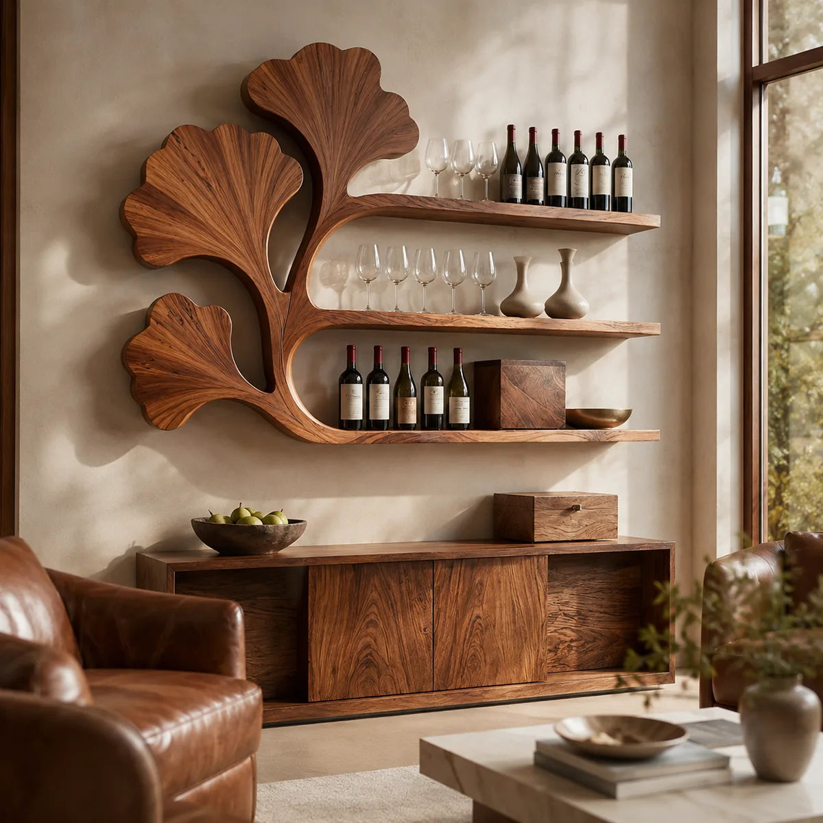 Ginkgo Grove Solid Wood Wall Wine Rack for Artful Dining Rooms & Wine Collectors TT006-2714