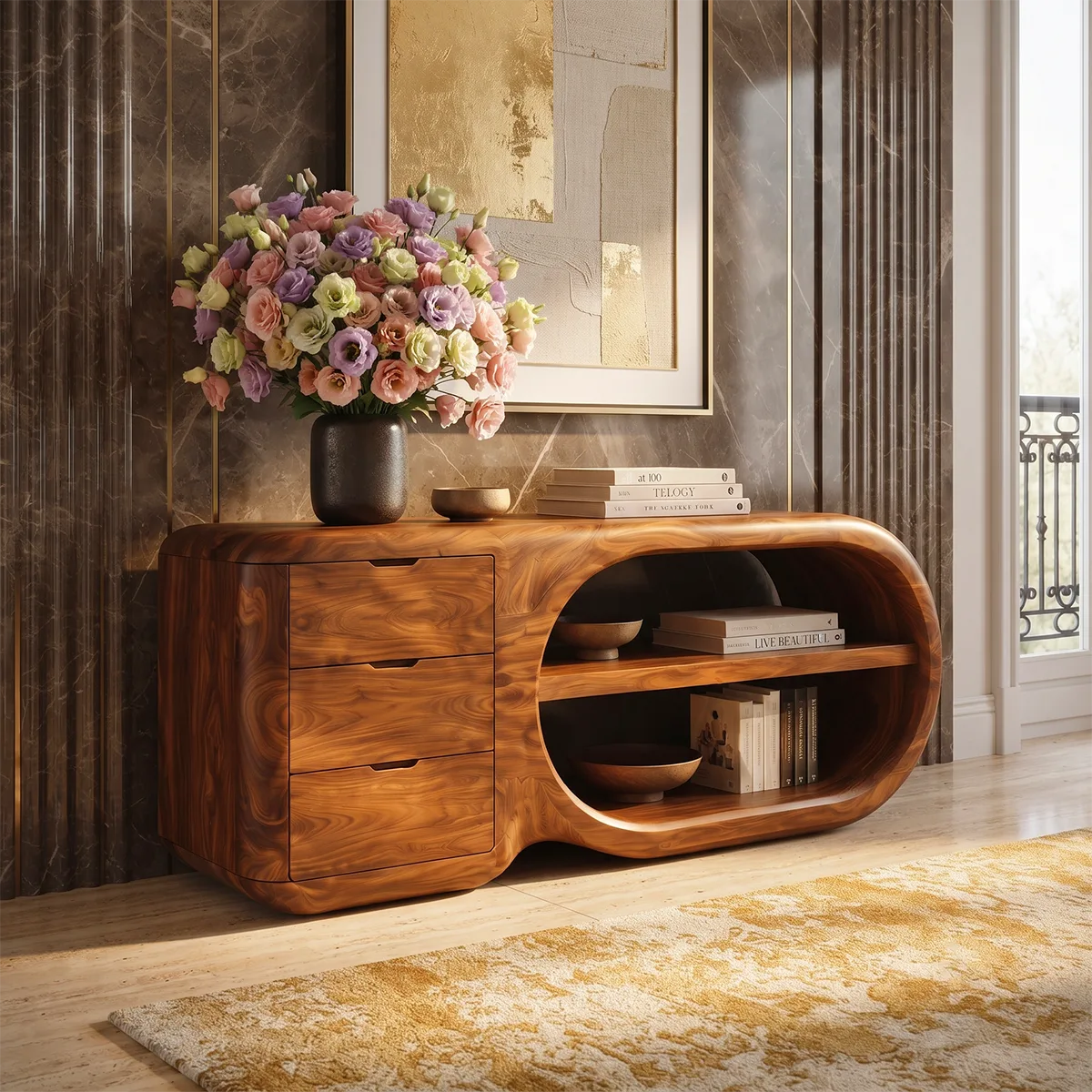 Modern Organic Storage Console Table with 3 Drawers & Open Shelves | Solid Wood Entryway Console TT006-8204