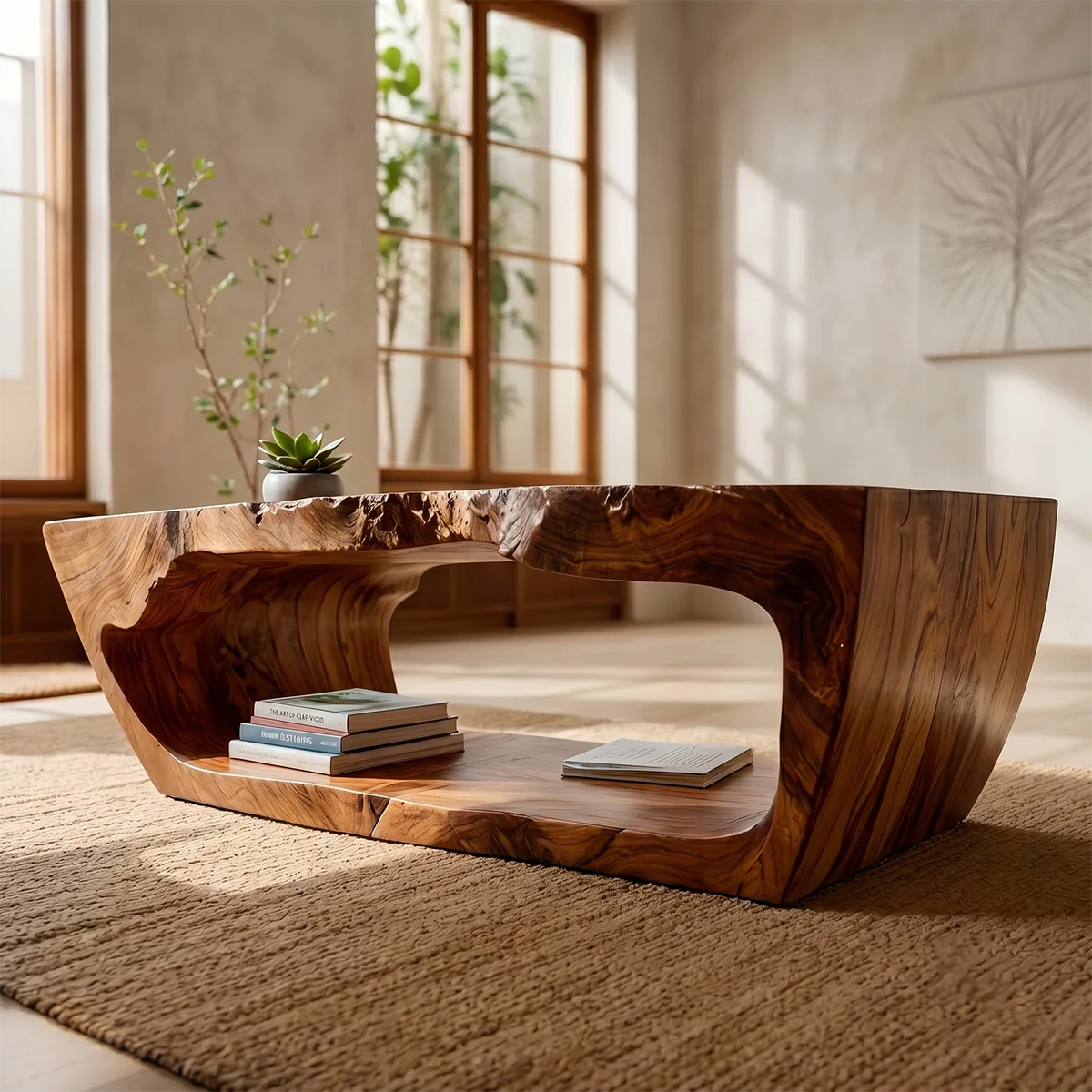 Live Edge Solid Wood Coffee Table with Shelf – Handcrafted Rustic Modern Table