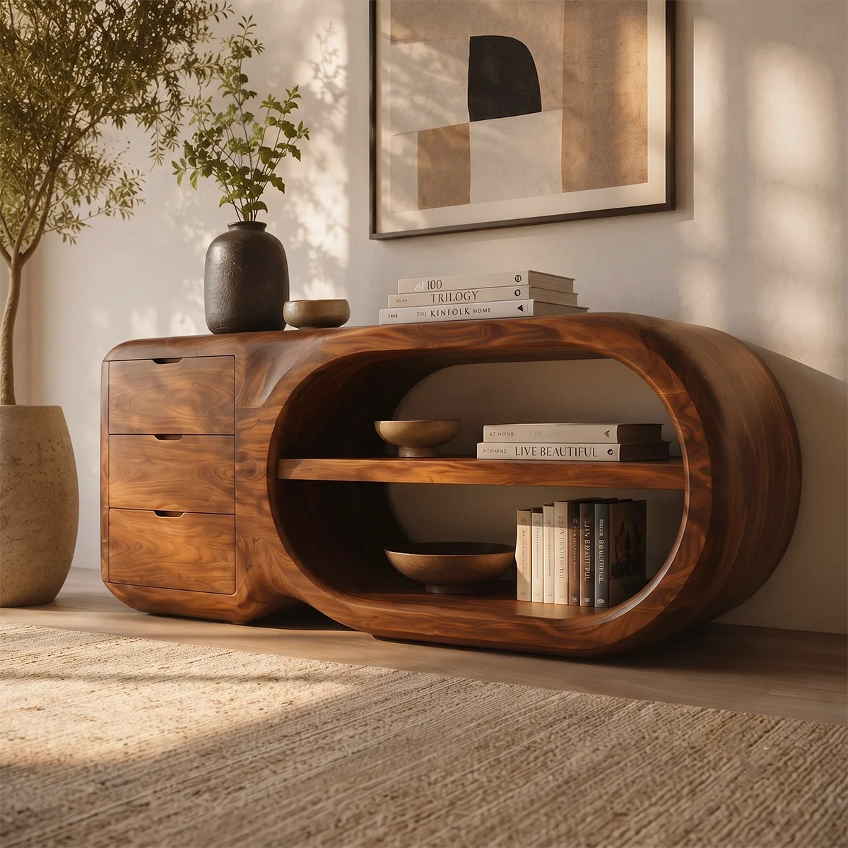 Modern Organic Storage Console Table with 3 Drawers & Open Shelves | Solid Wood Entryway Console TT006-8204