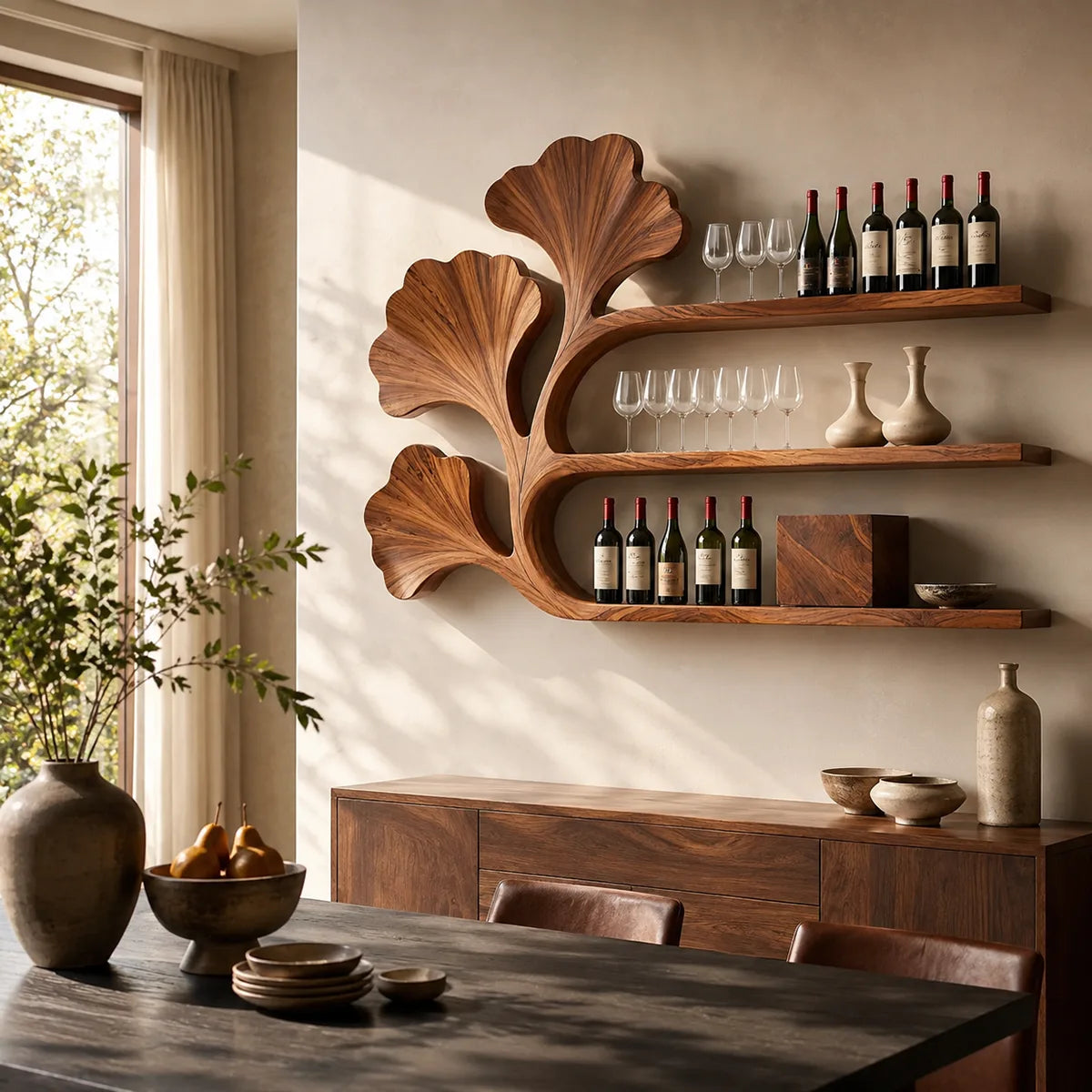 Ginkgo Grove Solid Wood Wall Wine Rack for Artful Dining Rooms & Wine Collectors TT006-2714