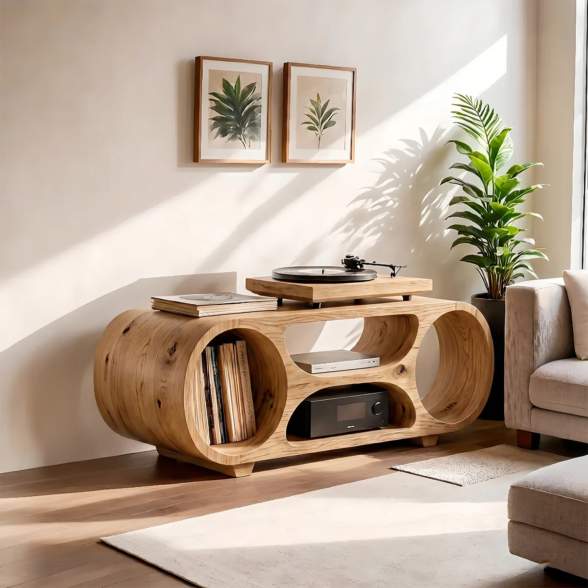 Solid Wood Record Player Stand, Modern Media Console with Vinyl Storage Shelves