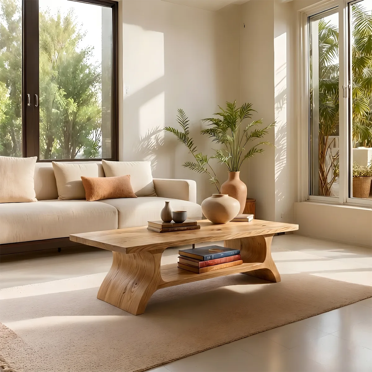 Handcrafted Solid Wood Coffee Table with Sculptural Curved Base and Open Shelf