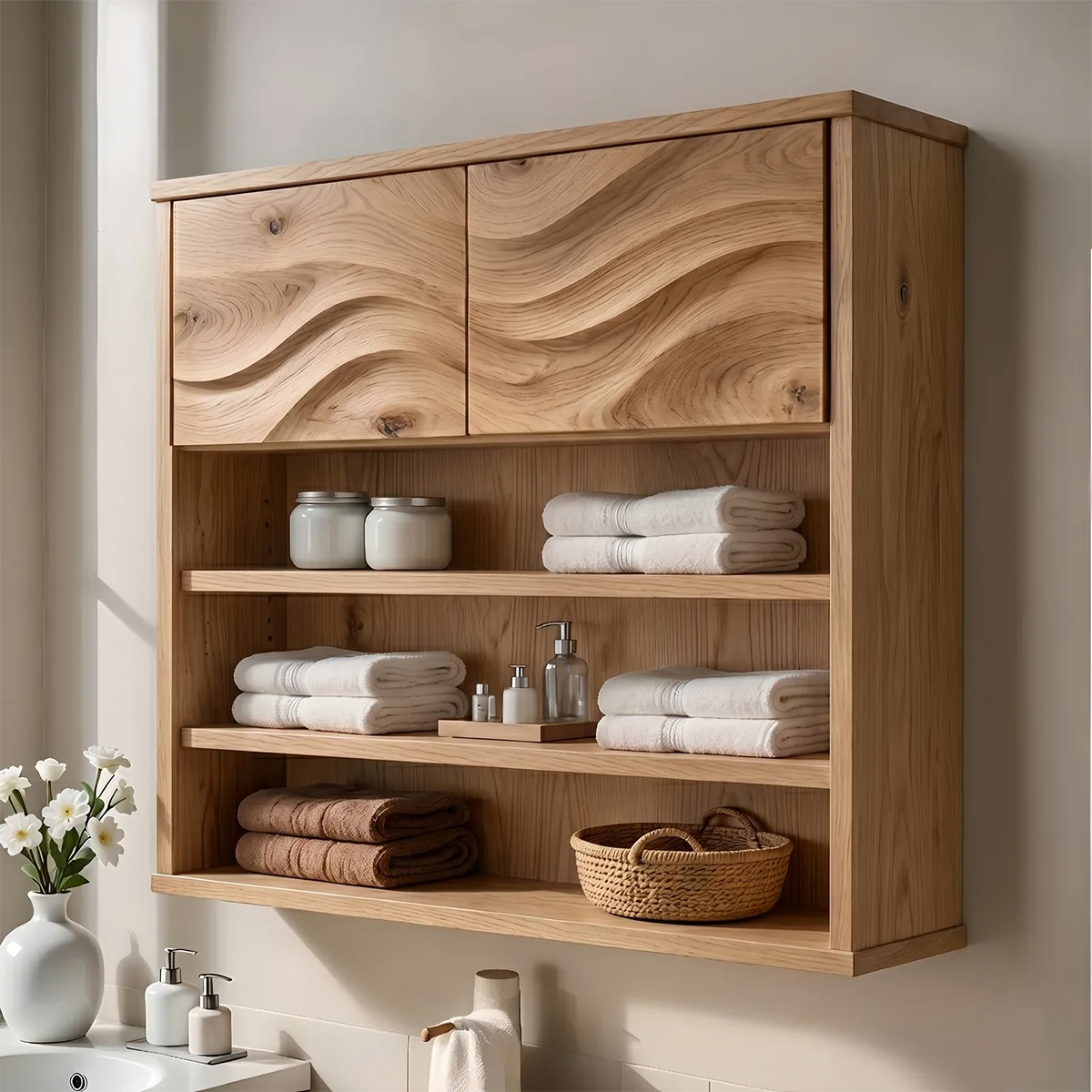 Solid Wood Wall Storage Cabinet Handcrafted Wave Panel Bathroom Cabinet