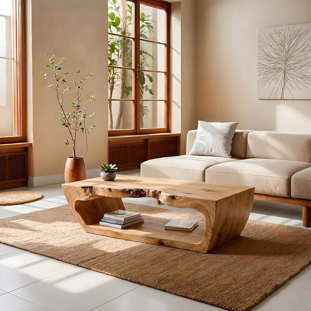 Live Edge Solid Wood Coffee Table with Shelf – Handcrafted Rustic Modern Table
