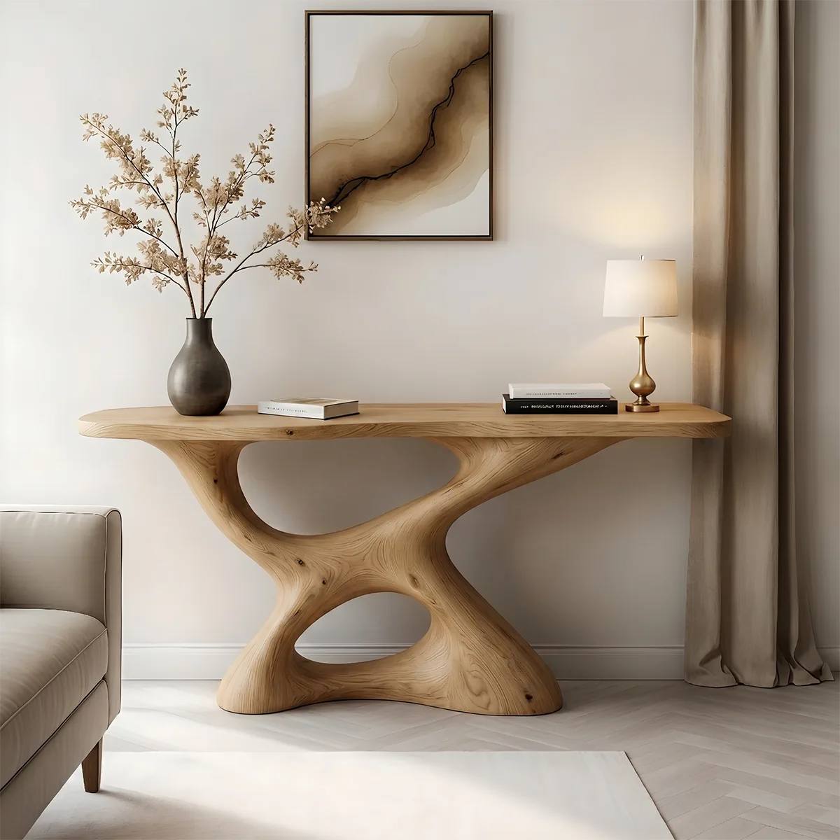 Luxury Wood Console Table, Curved Base Entryway Table, Artistic Hallway Sofa Table for Living Room