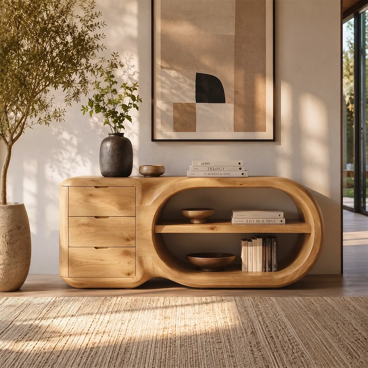 Modern Organic Storage Console Table with 3 Drawers & Open Shelves | Solid Wood Entryway Console TT006-8204