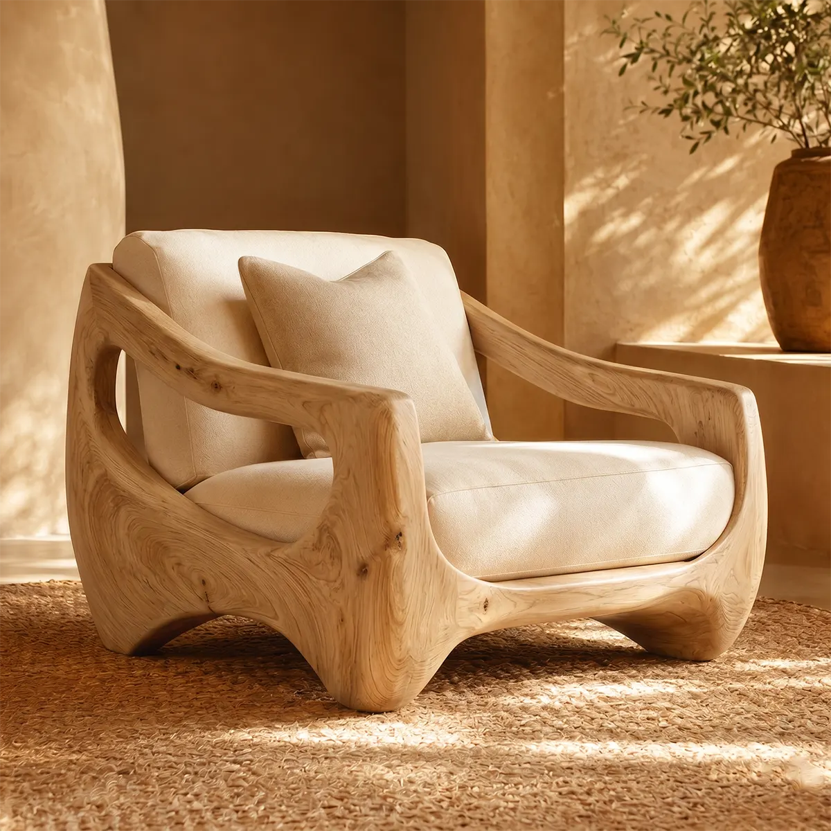 Organic Modern Solid Wood Lounge Chair | Handcrafted Sculptural Wooden Accent Chair TT006-8588
