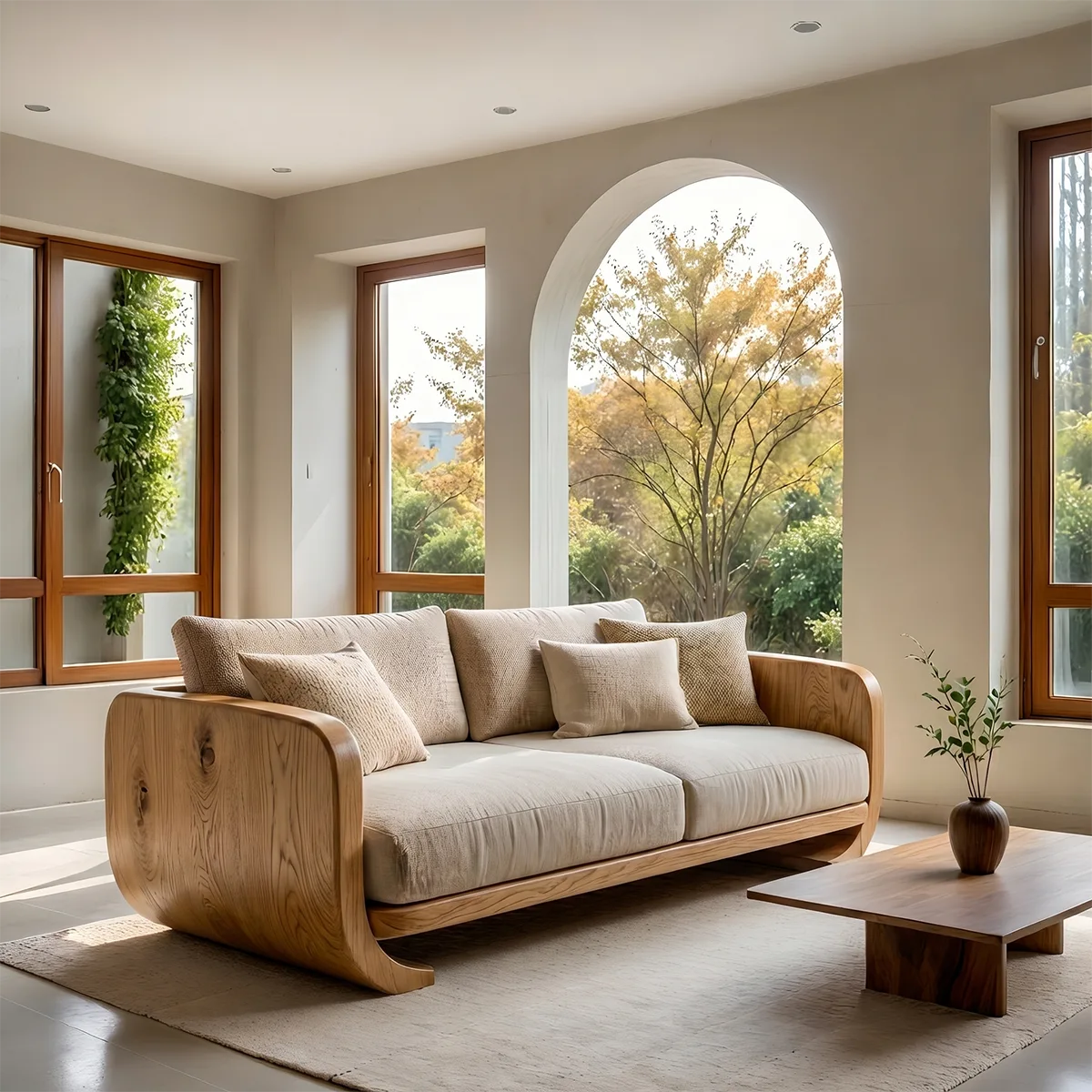 Luxury Organic Modern Wooden Sofa with Curved Sculptural Armrests