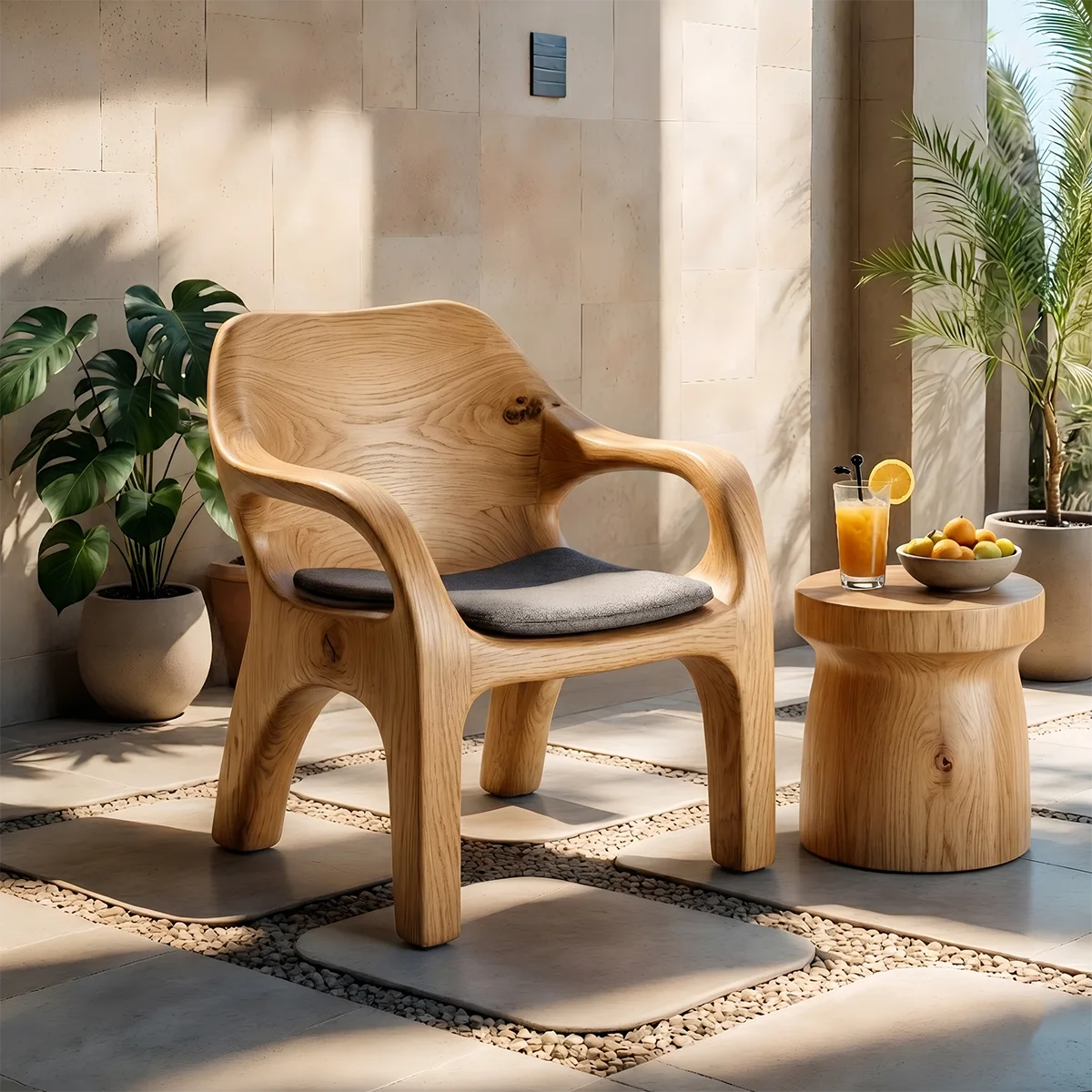 Handcrafted Solid Wood Lounge Chair Sculpted Organic Accent Chair with Armrests