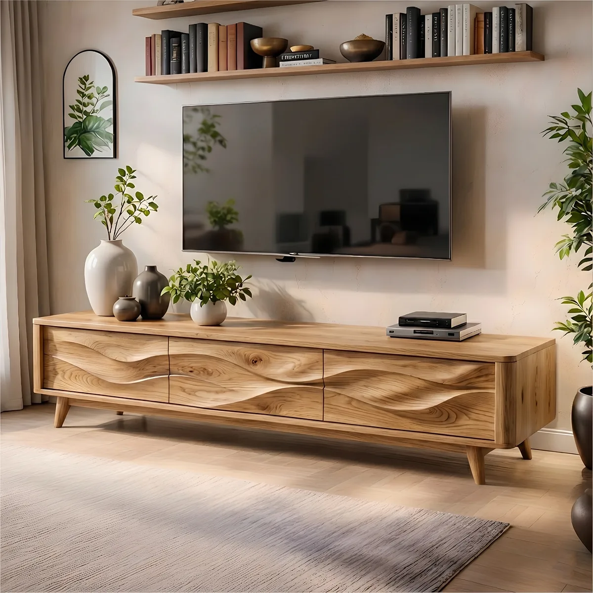Mid Century Modern Solid Wood 3 Door Wavy Carved TV Stand
