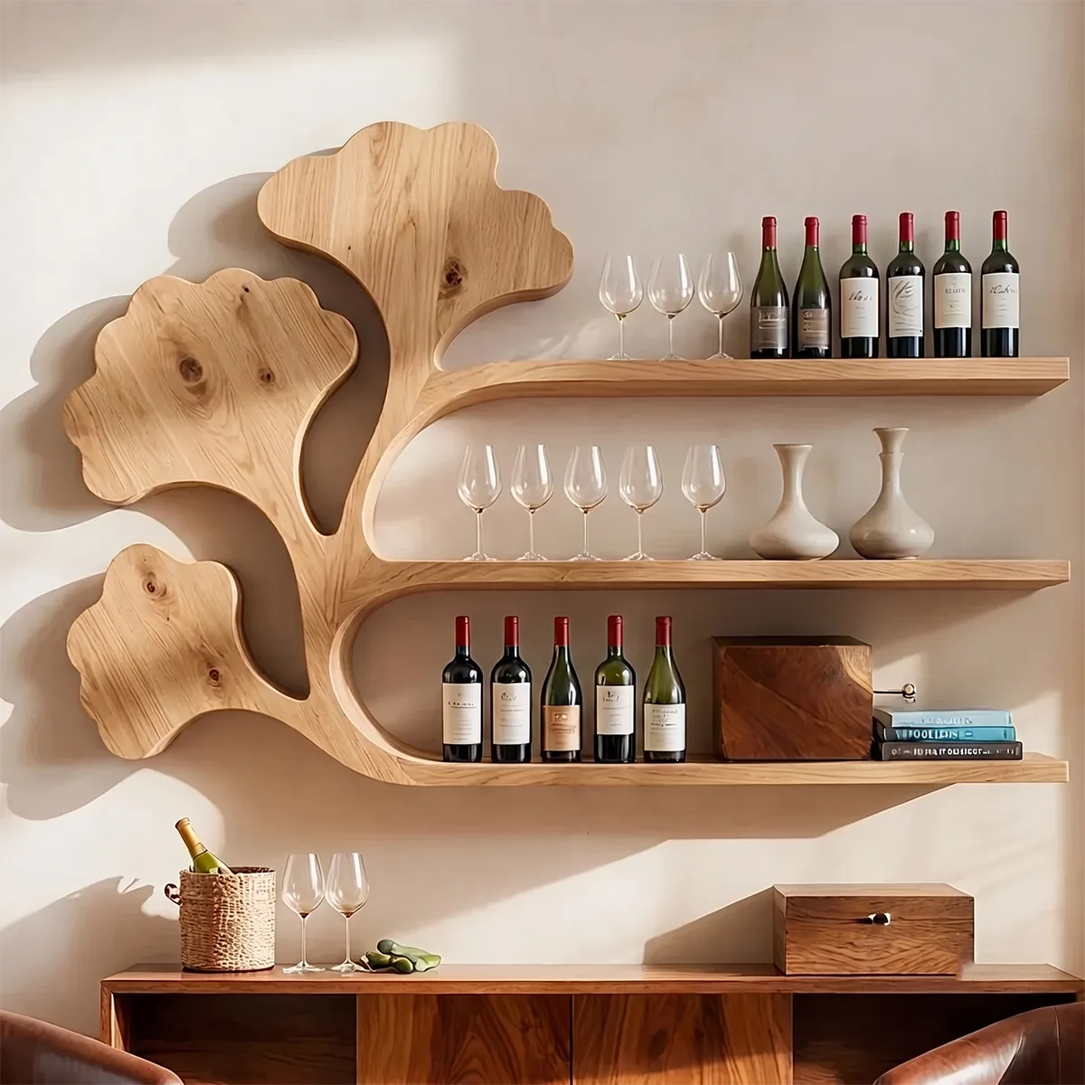 Ginkgo Grove Solid Wood Wall Wine Rack for Artful Dining Rooms & Wine Collectors TT006-2714