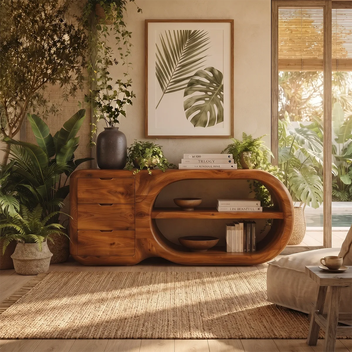 Modern Organic Storage Console Table with 3 Drawers & Open Shelves | Solid Wood Entryway Console TT006-8204
