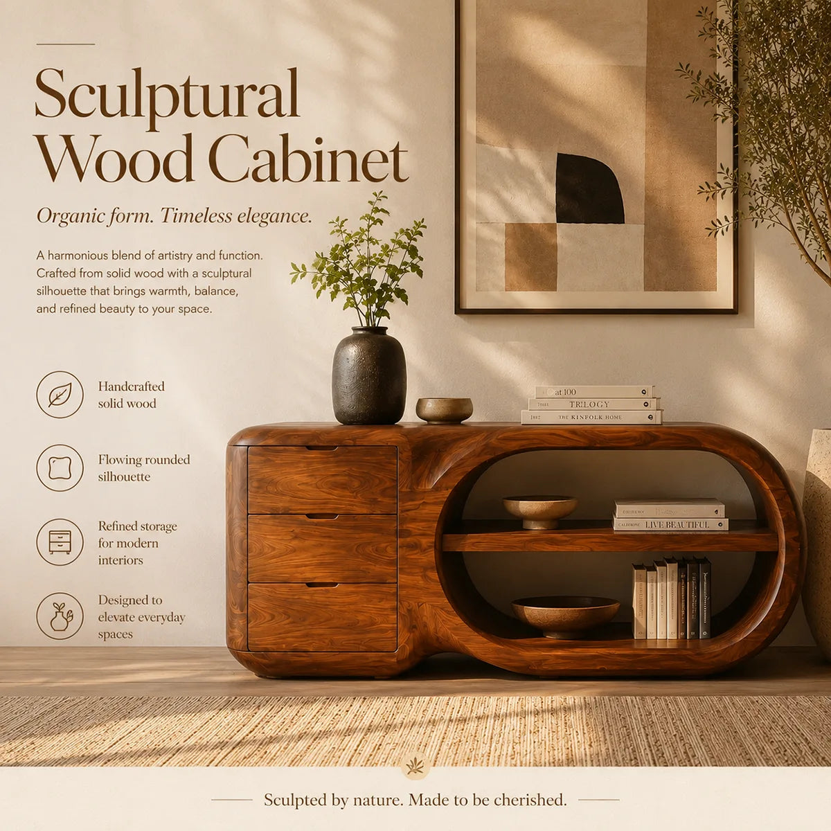 Modern Organic Storage Console Table with 3 Drawers & Open Shelves | Solid Wood Entryway Console TT006-8204