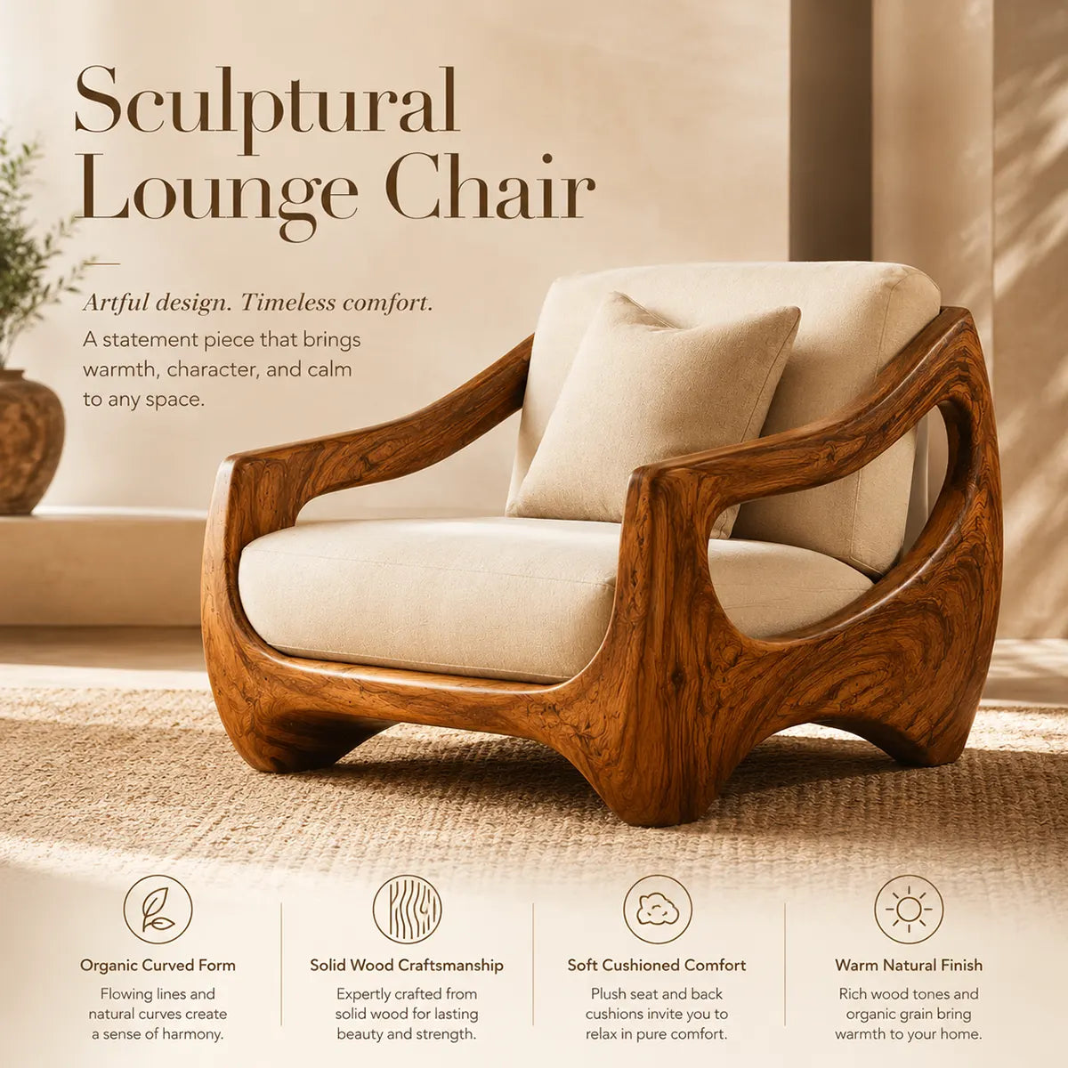 Organic Modern Solid Wood Lounge Chair | Handcrafted Sculptural Wooden Accent Chair TT006-8588