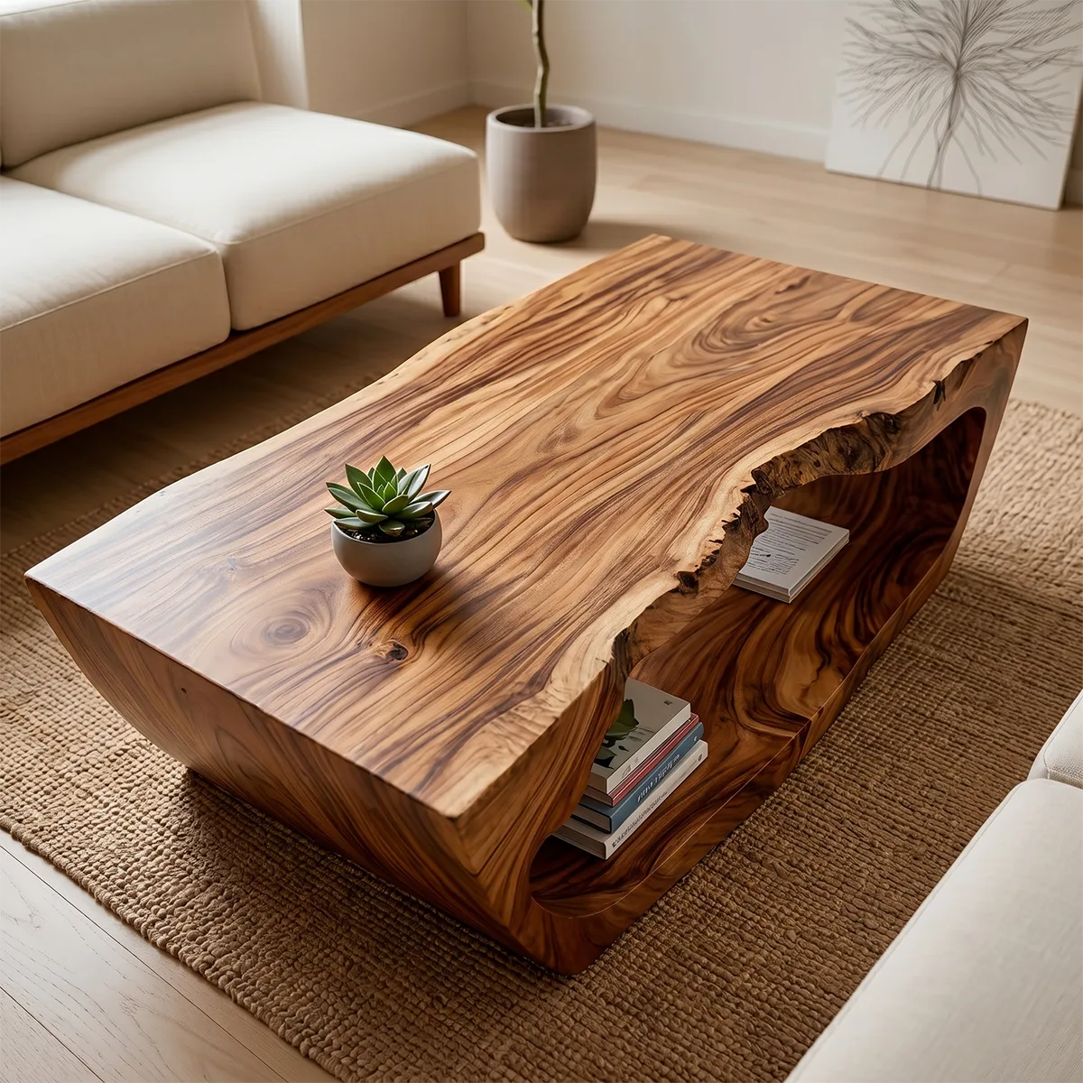 Live Edge Solid Wood Coffee Table with Shelf – Handcrafted Rustic Modern Table