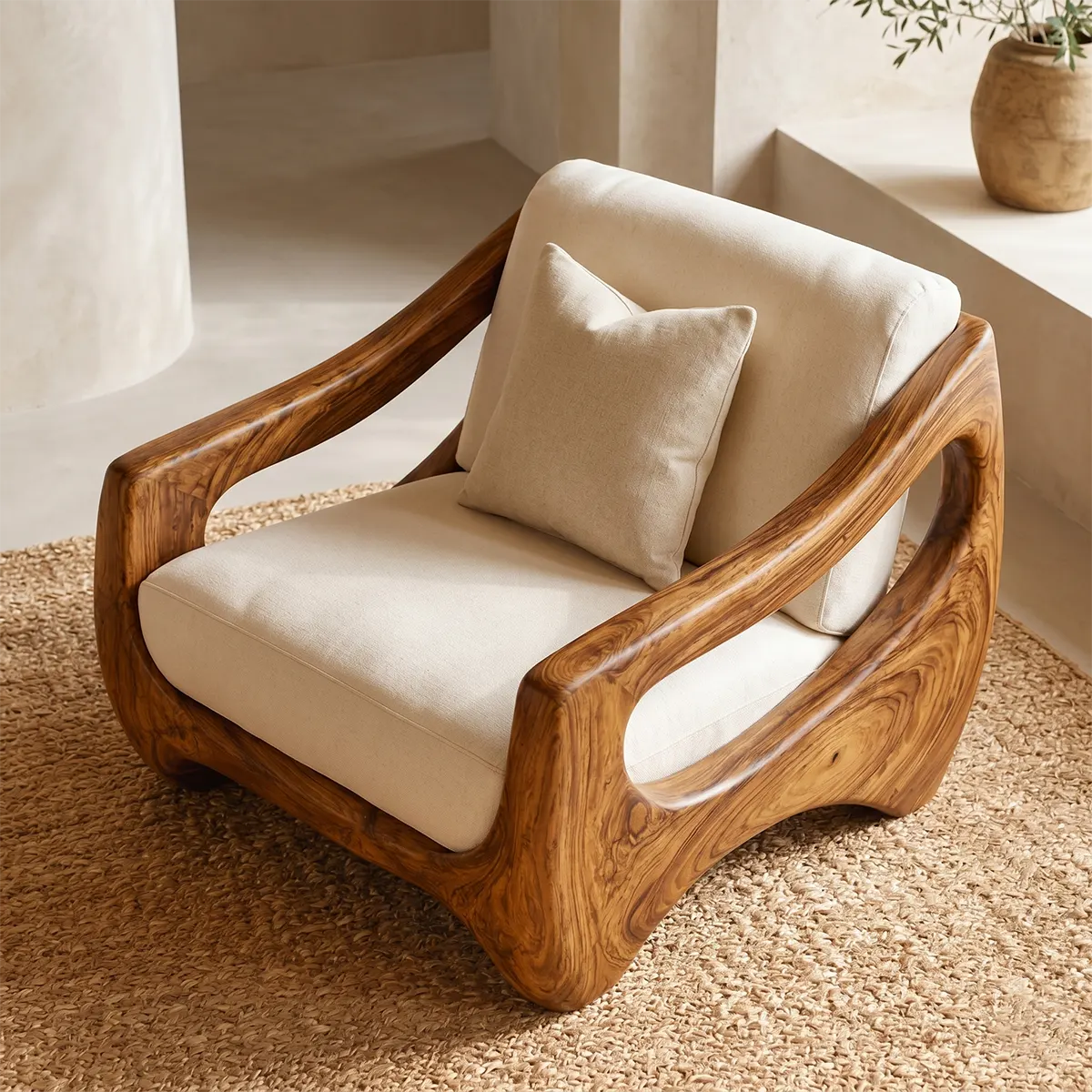 Organic Modern Solid Wood Lounge Chair | Handcrafted Sculptural Wooden Accent Chair TT006-8588