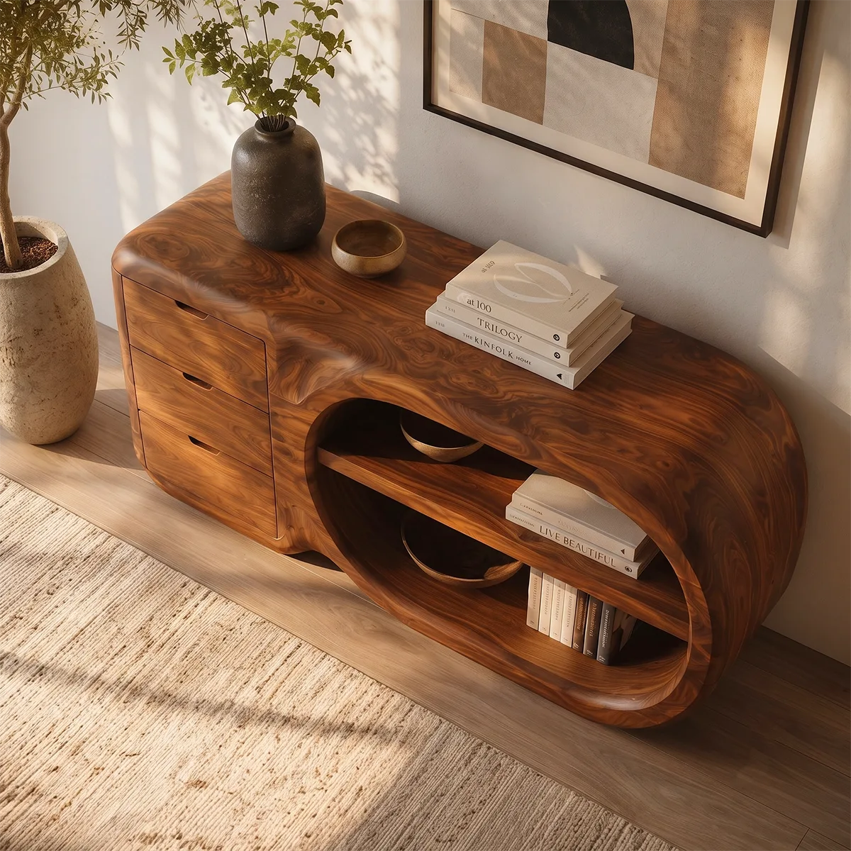 Modern Organic Storage Console Table with 3 Drawers & Open Shelves | Solid Wood Entryway Console TT006-8204