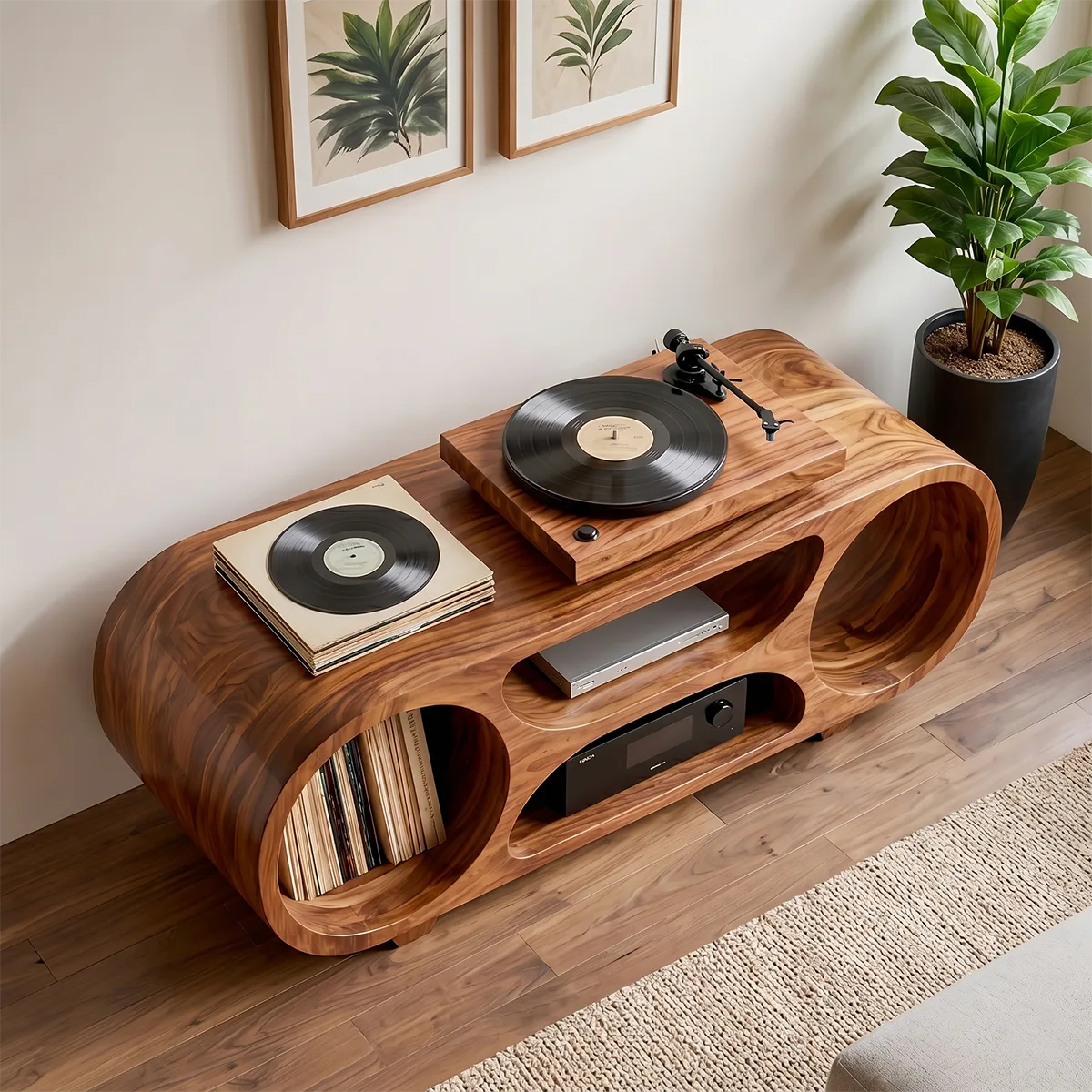 Solid Wood Record Player Stand, Modern Media Console with Vinyl Storage Shelves