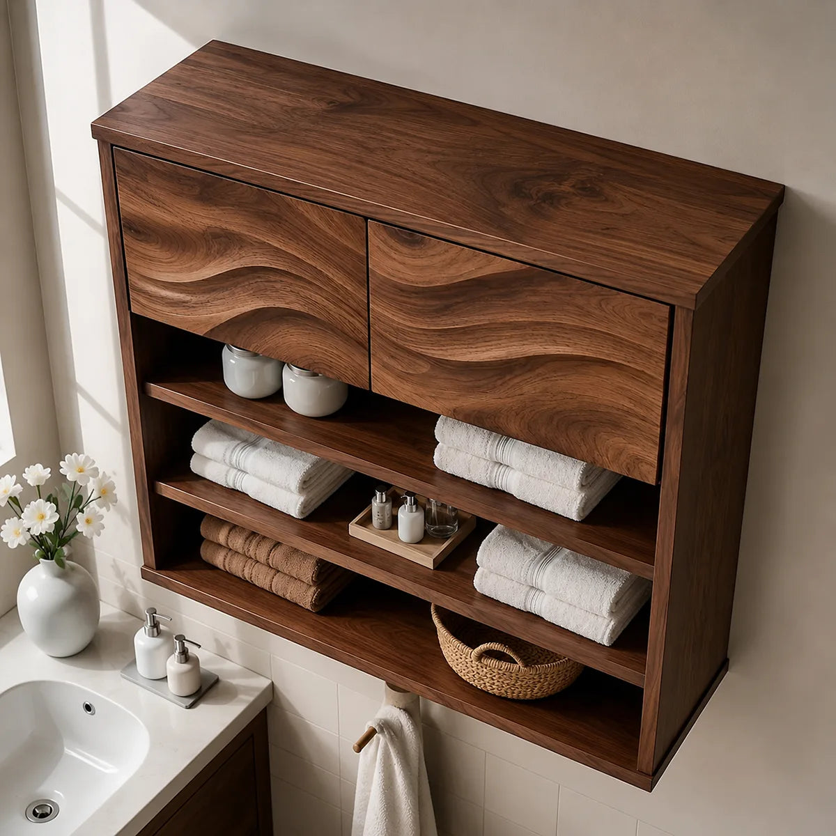 Solid Wood Wall Storage Cabinet Handcrafted Wave Panel Bathroom Cabinet