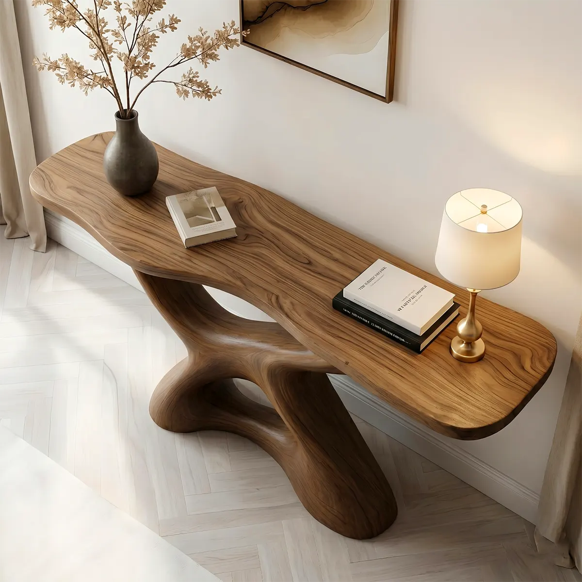 Luxury Wood Console Table, Curved Base Entryway Table, Artistic Hallway Sofa Table for Living Room