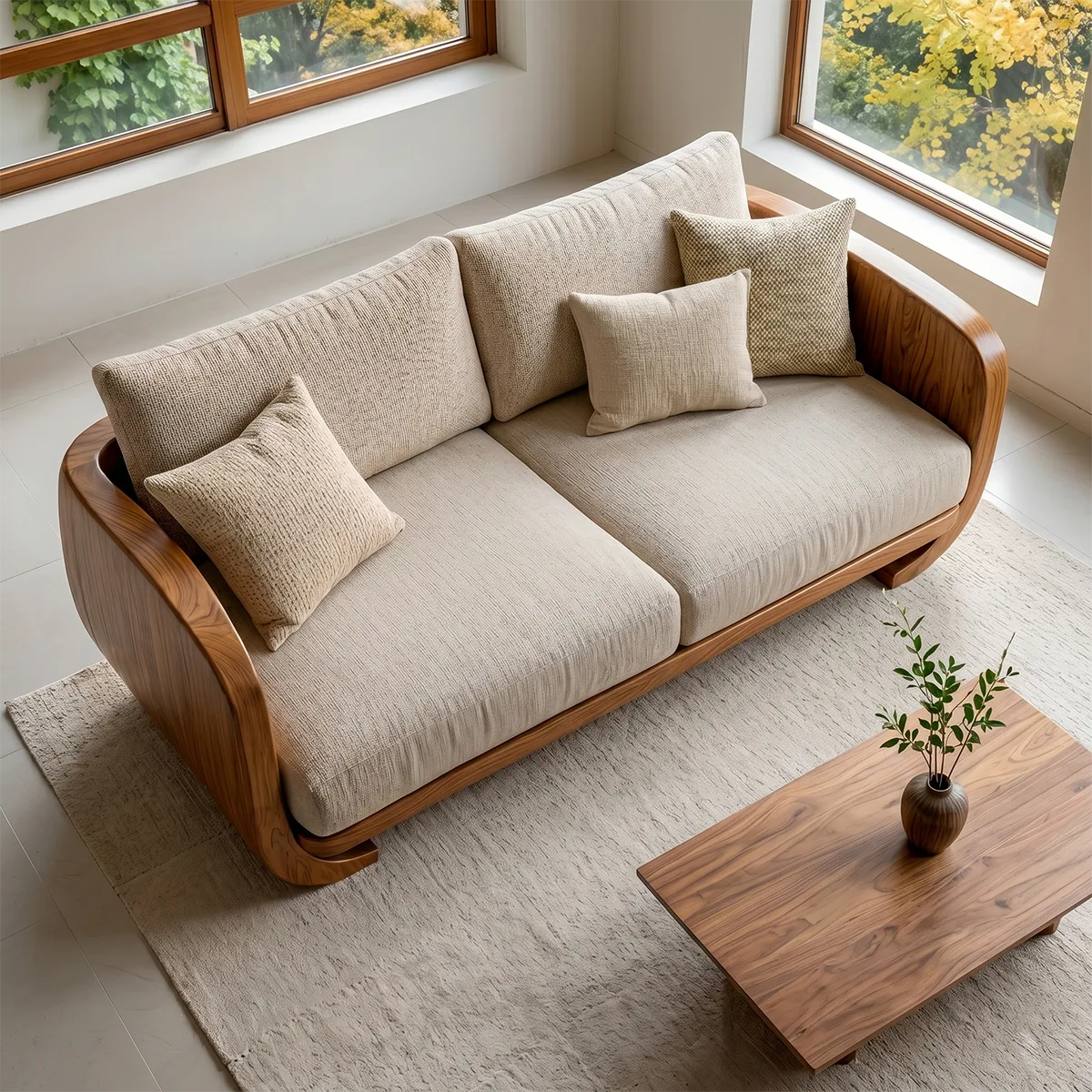 Luxury Organic Modern Wooden Sofa with Curved Sculptural Armrests