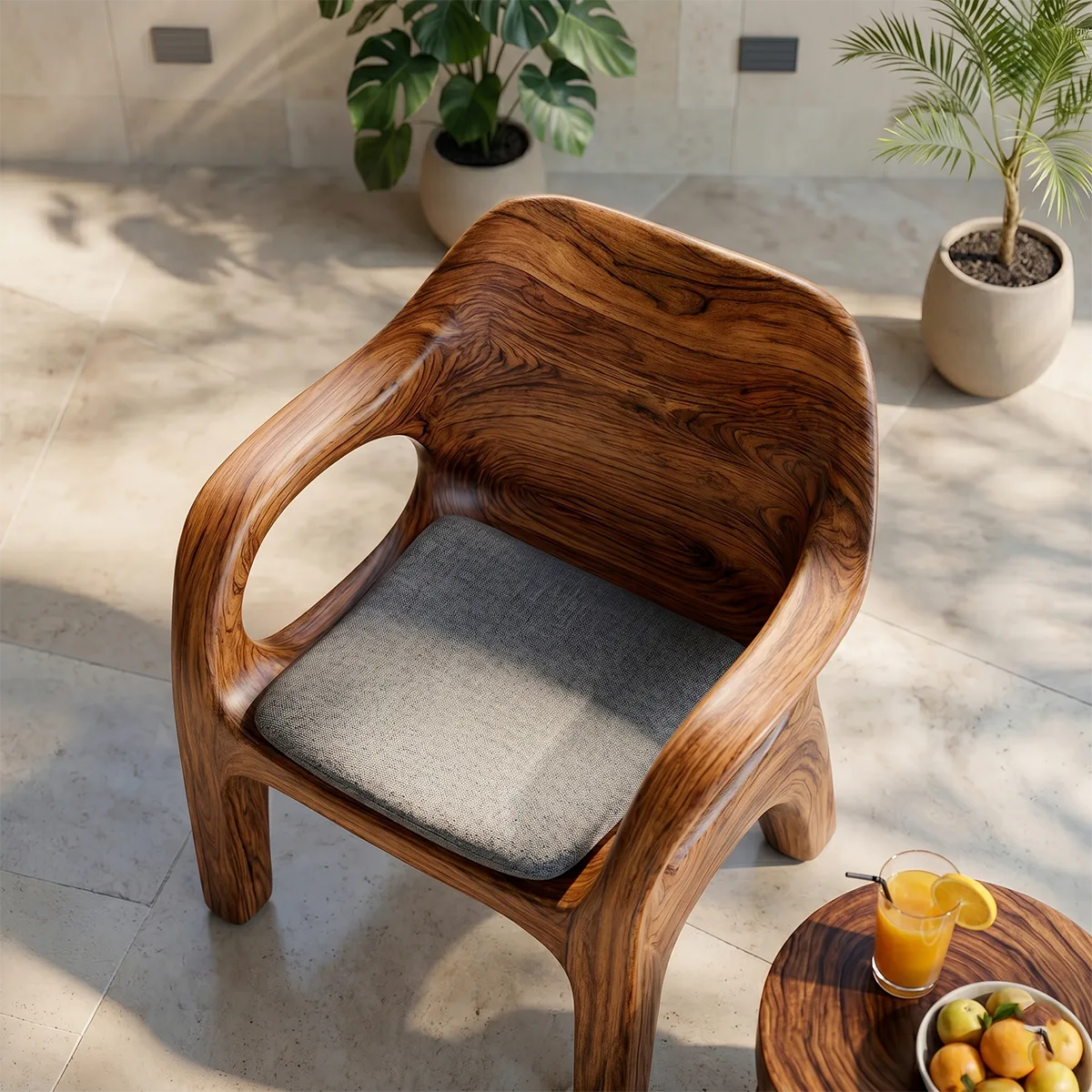 Handcrafted Solid Wood Lounge Chair Sculpted Organic Accent Chair with Armrests