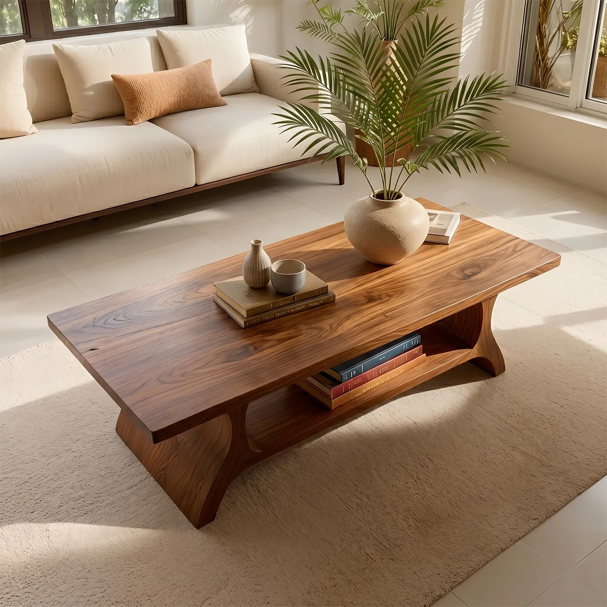 Handcrafted Solid Wood Coffee Table with Sculptural Curved Base and Open Shelf