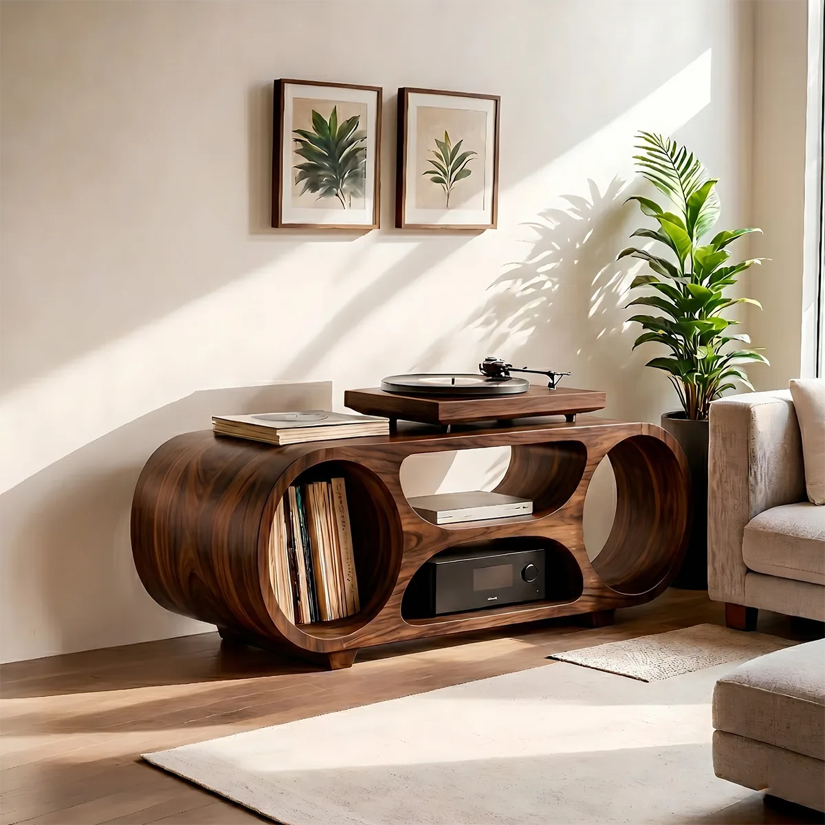 Solid Wood Record Player Stand, Modern Media Console with Vinyl Storage Shelves
