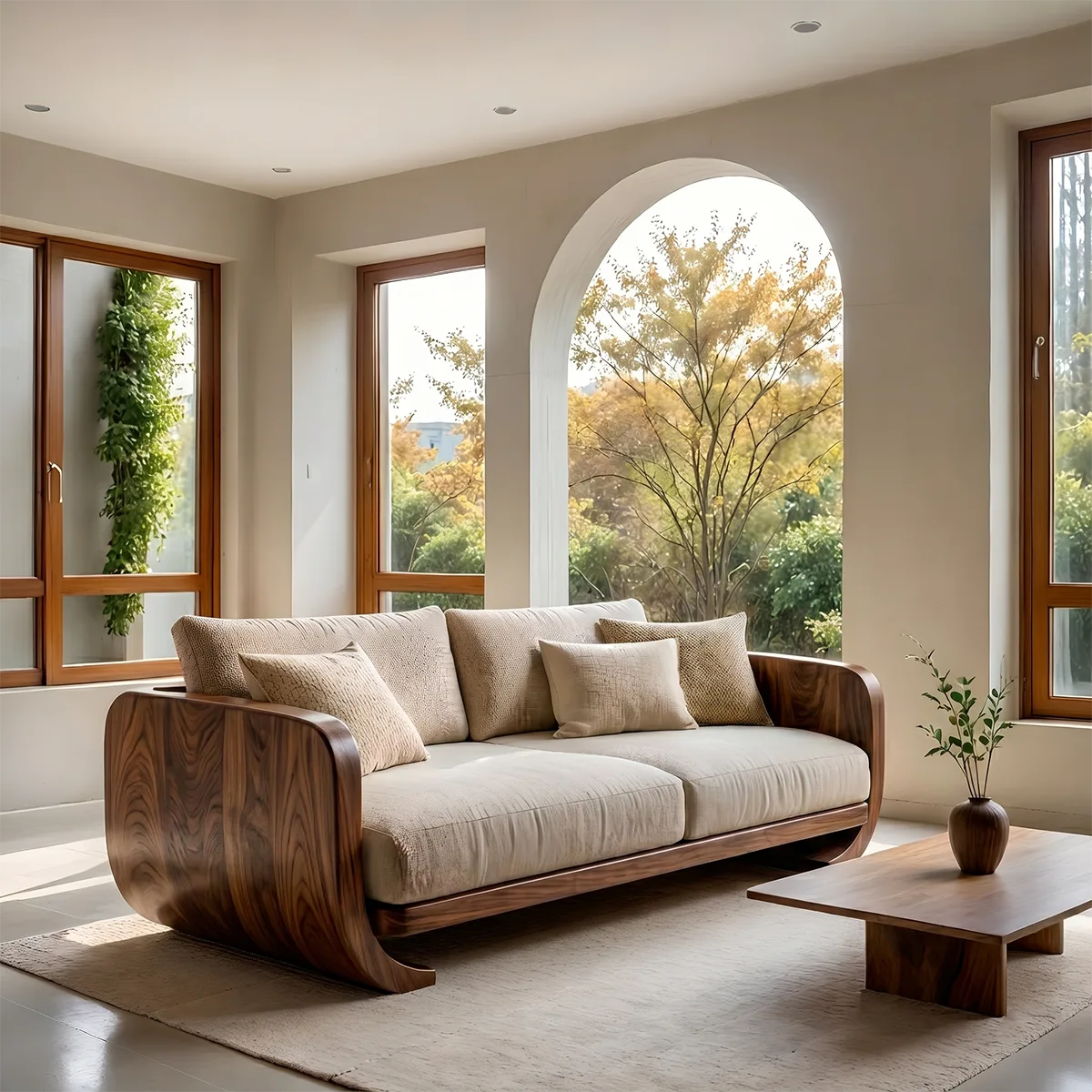 Luxury Organic Modern Wooden Sofa with Curved Sculptural Armrests