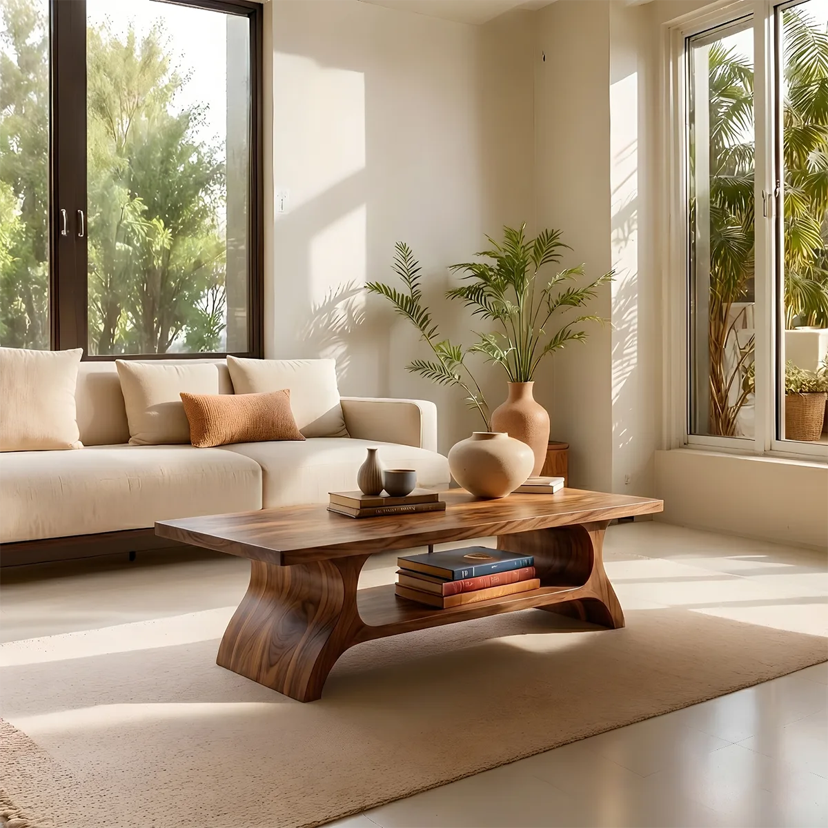 Handcrafted Solid Wood Coffee Table with Sculptural Curved Base and Open Shelf
