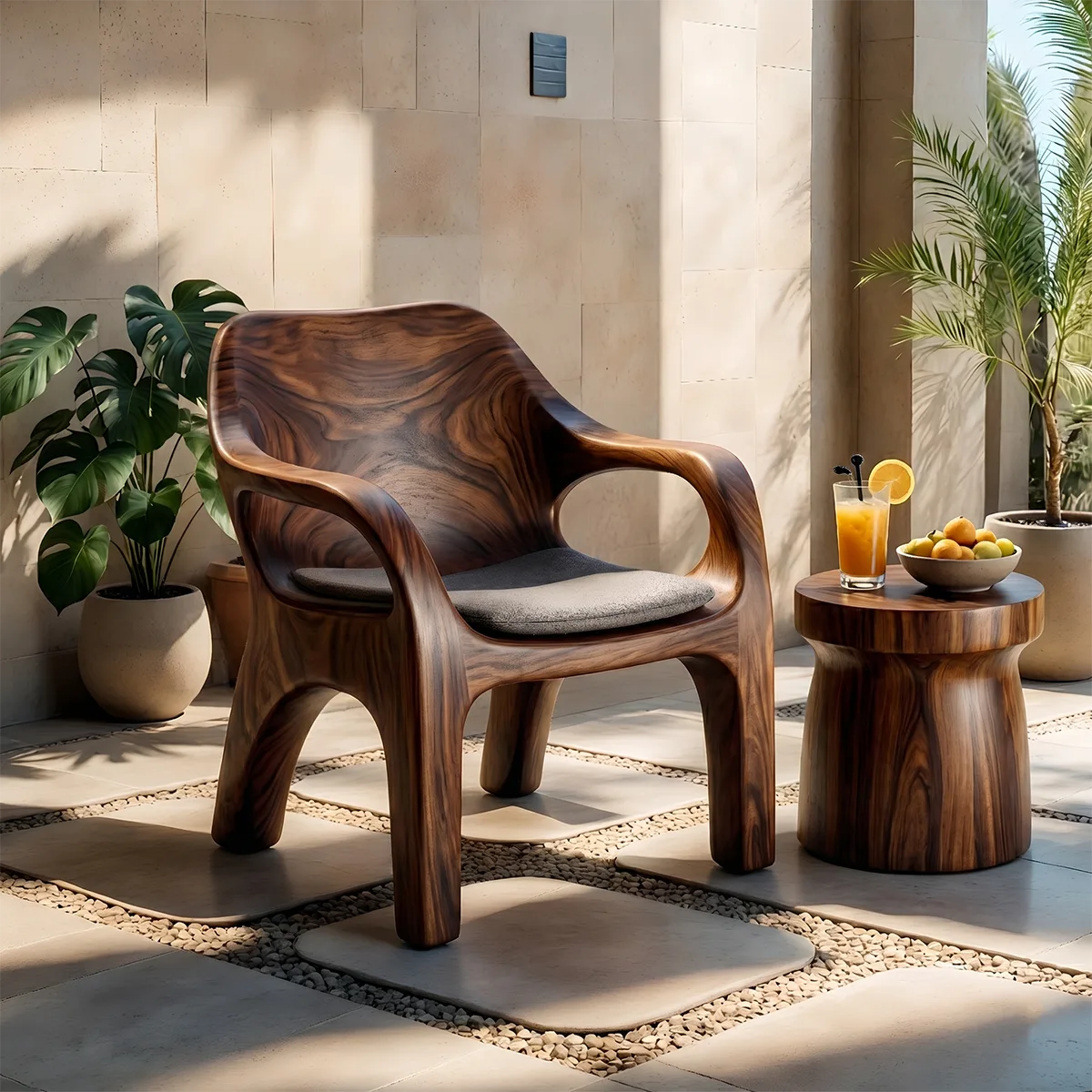 Handcrafted Solid Wood Lounge Chair Sculpted Organic Accent Chair with Armrests