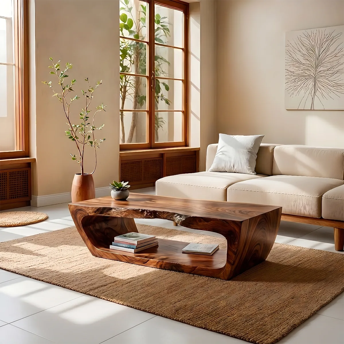 Live Edge Solid Wood Coffee Table with Shelf – Handcrafted Rustic Modern Table