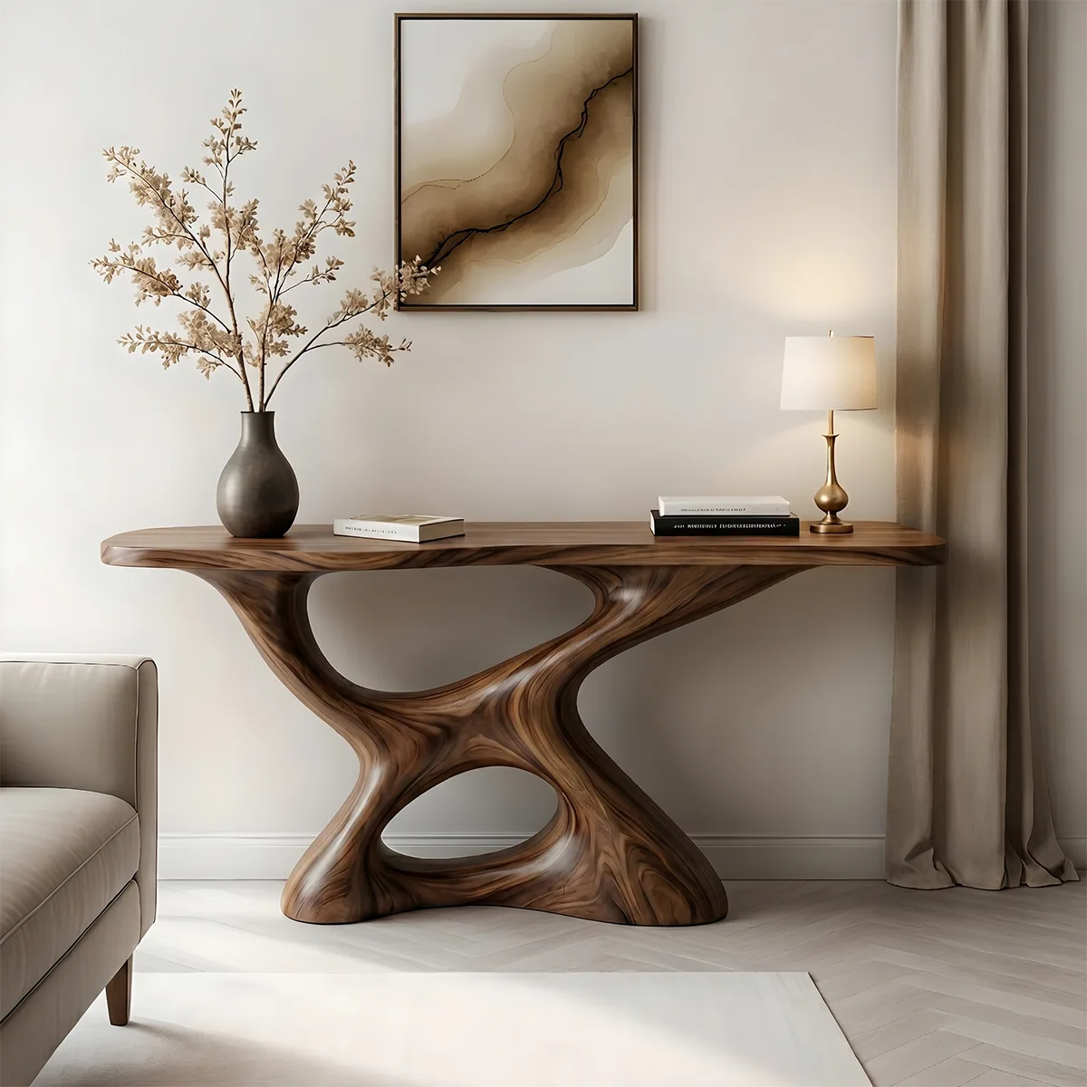 Luxury Wood Console Table, Curved Base Entryway Table, Artistic Hallway Sofa Table for Living Room