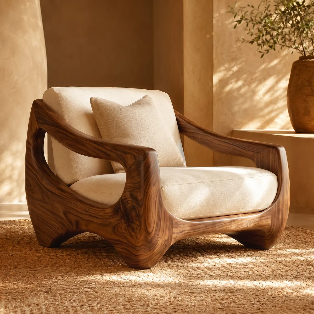 Organic Modern Solid Wood Lounge Chair | Handcrafted Sculptural Wooden Accent Chair TT006-8588