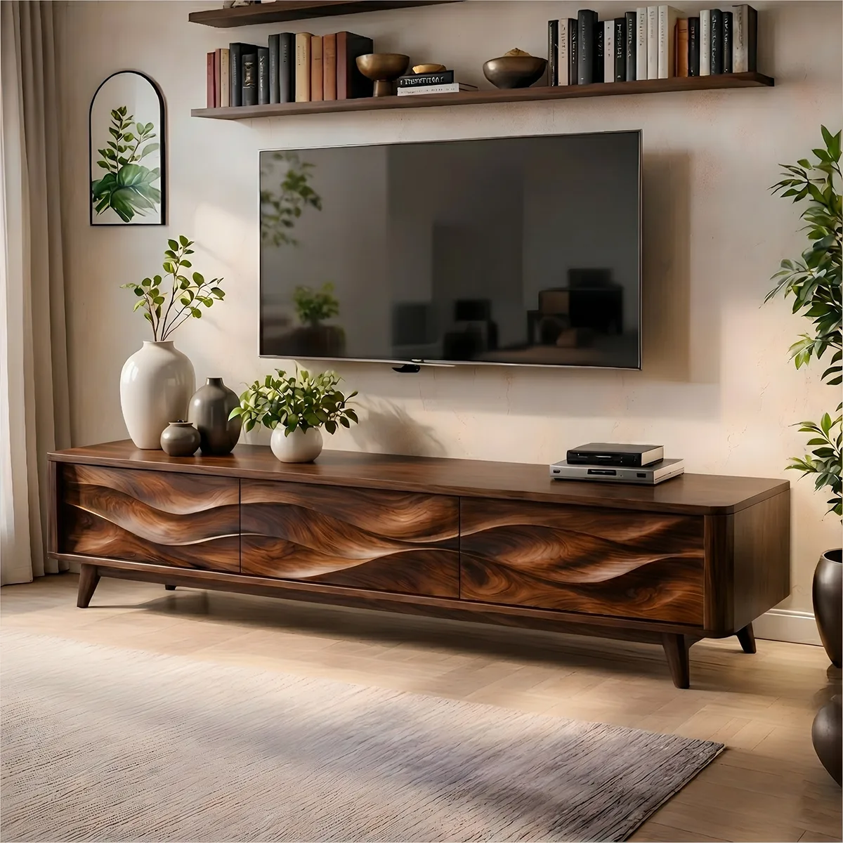 Mid Century Modern Solid Wood 3 Door Wavy Carved TV Stand
