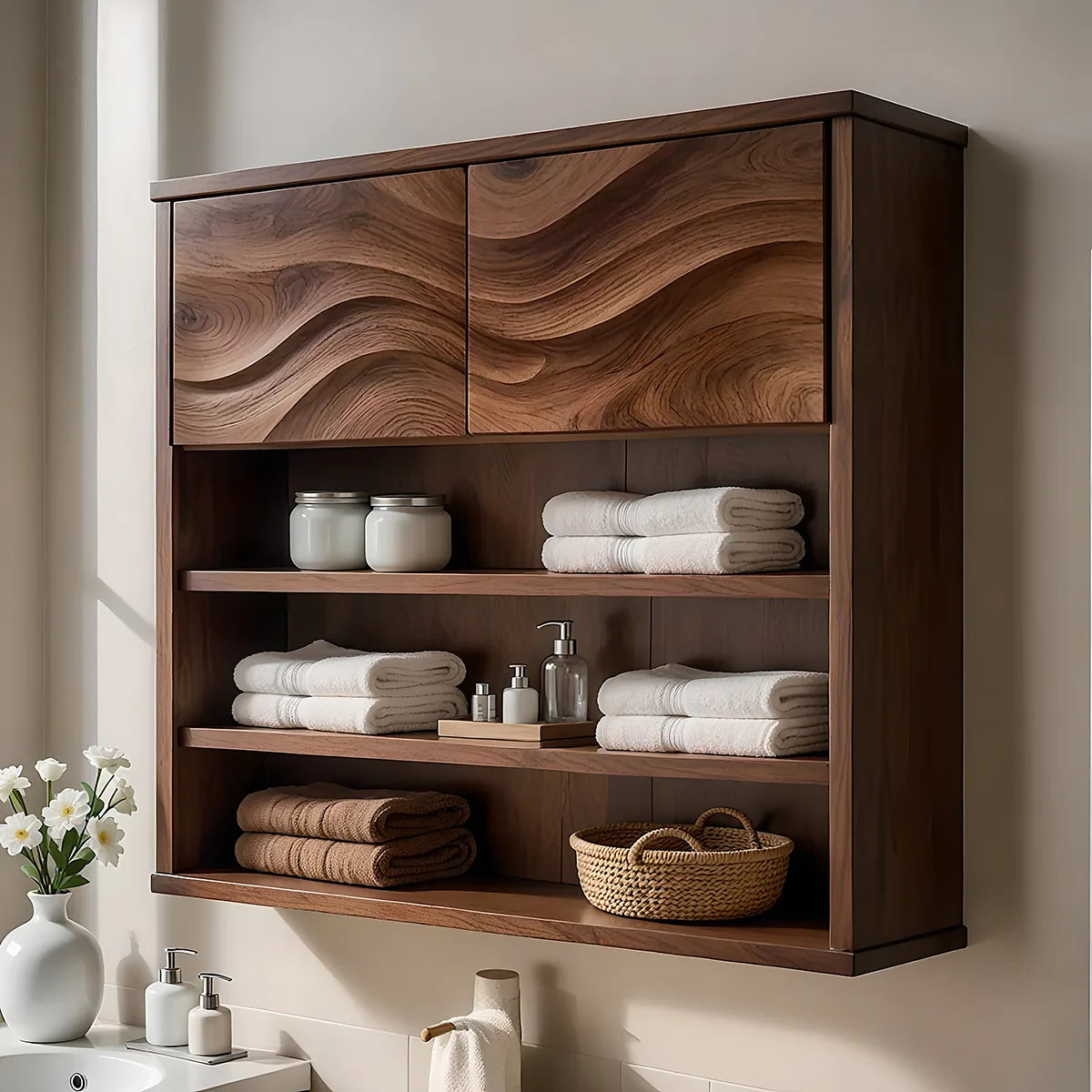Solid Wood Wall Storage Cabinet Handcrafted Wave Panel Bathroom Cabinet