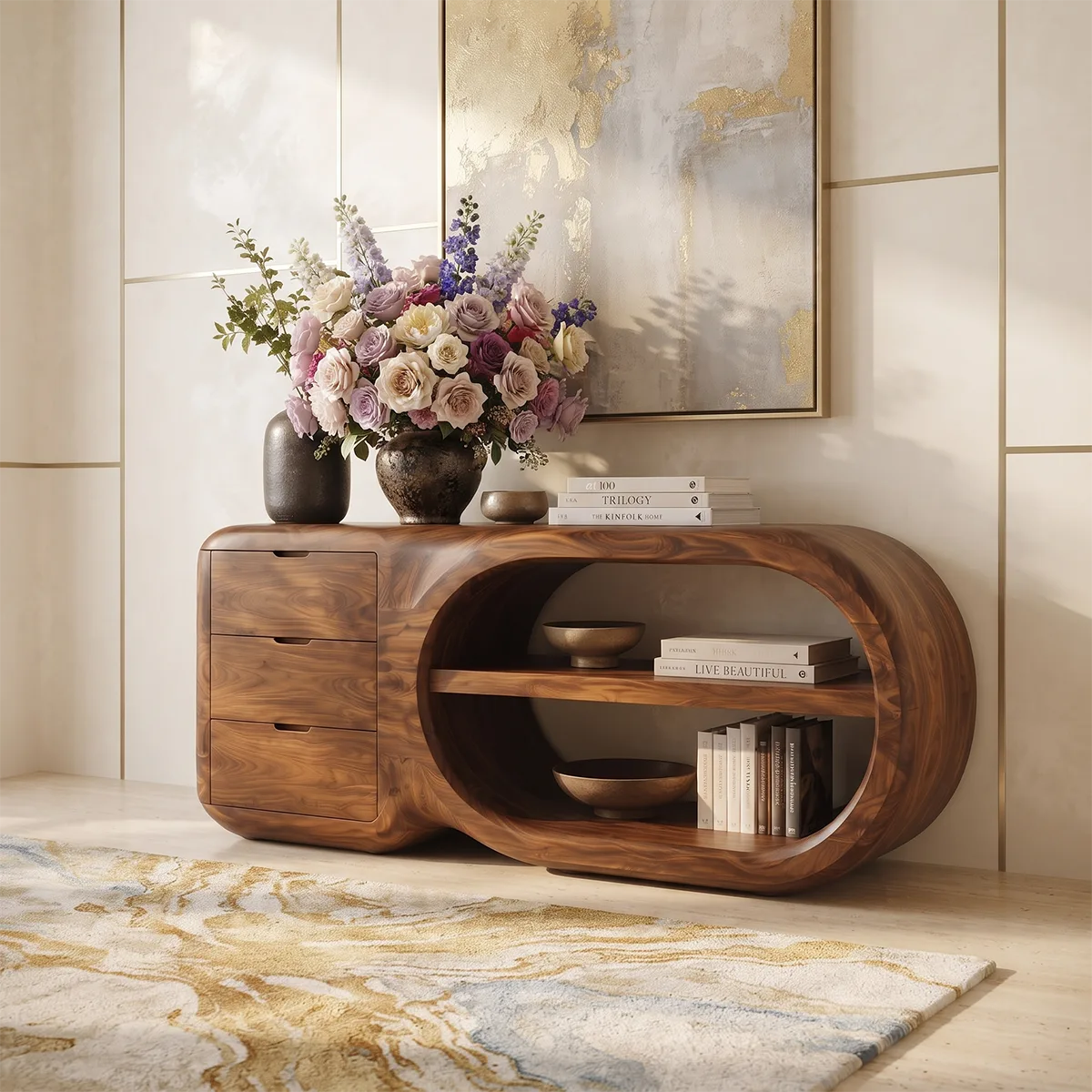 Modern Organic Storage Console Table with 3 Drawers & Open Shelves | Solid Wood Entryway Console TT006-8204