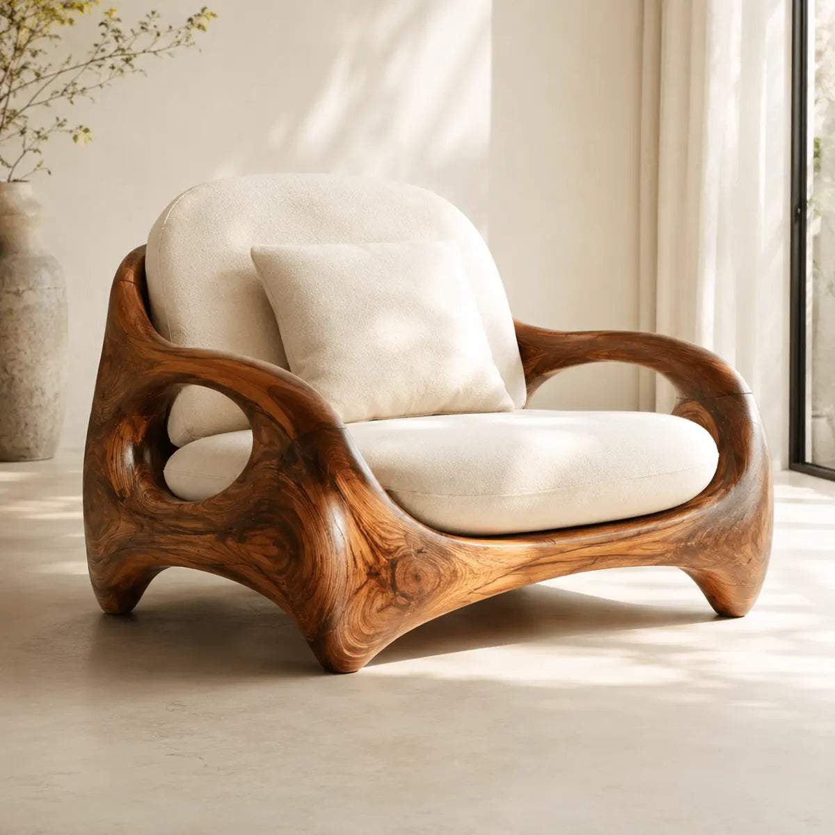 Organic Modern Solid Wood Lounge Chair | Sculptural Handcrafted Wooden Accent Chair TT006-3914