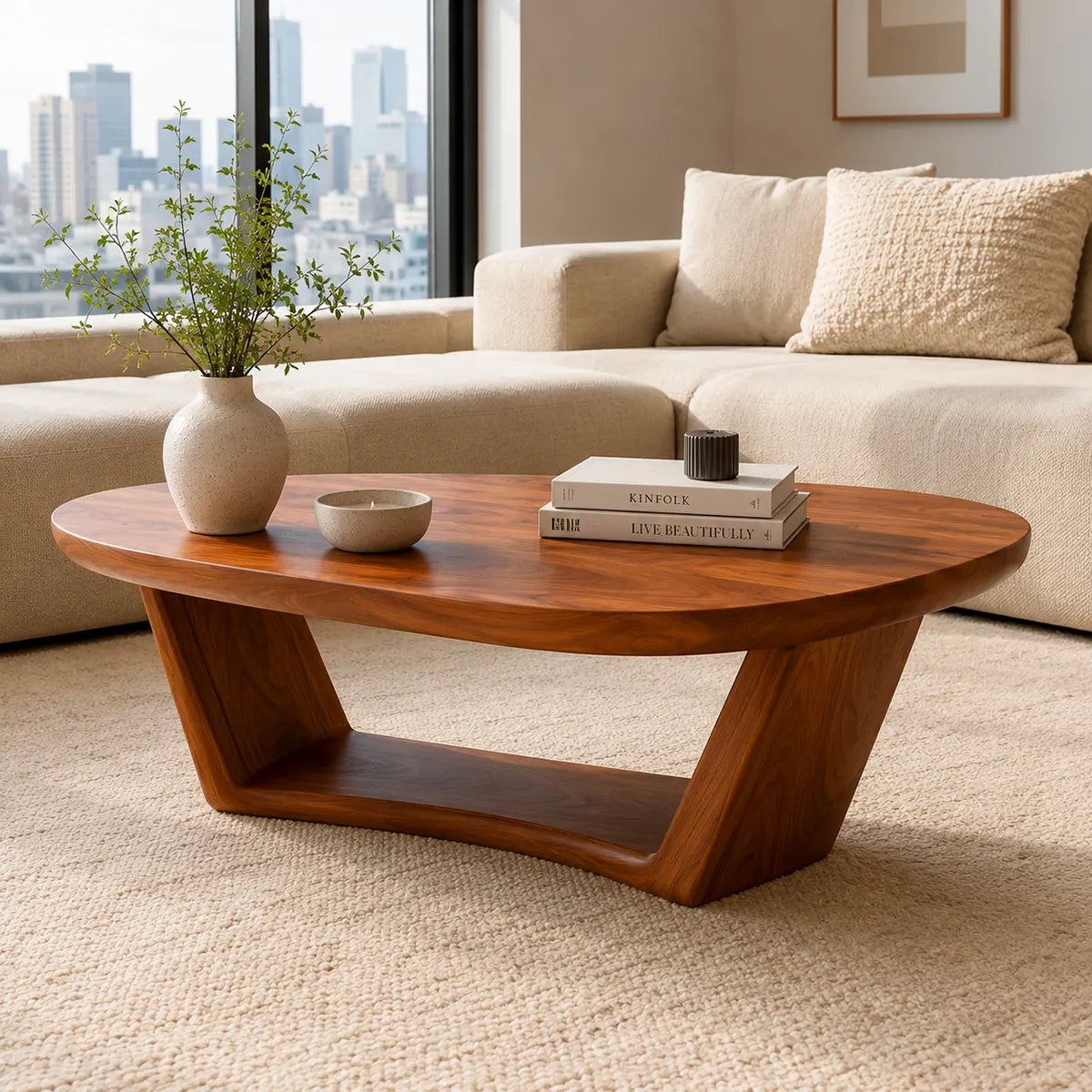 Organic Rounded Coffee Table with Open Lower Shelf | Modern Living Room Center Table TT006-8OJQ3US