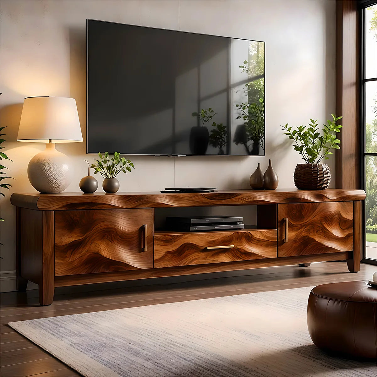 Modern Solid Wood Wavy Carved TV Stand with Mixed Storage